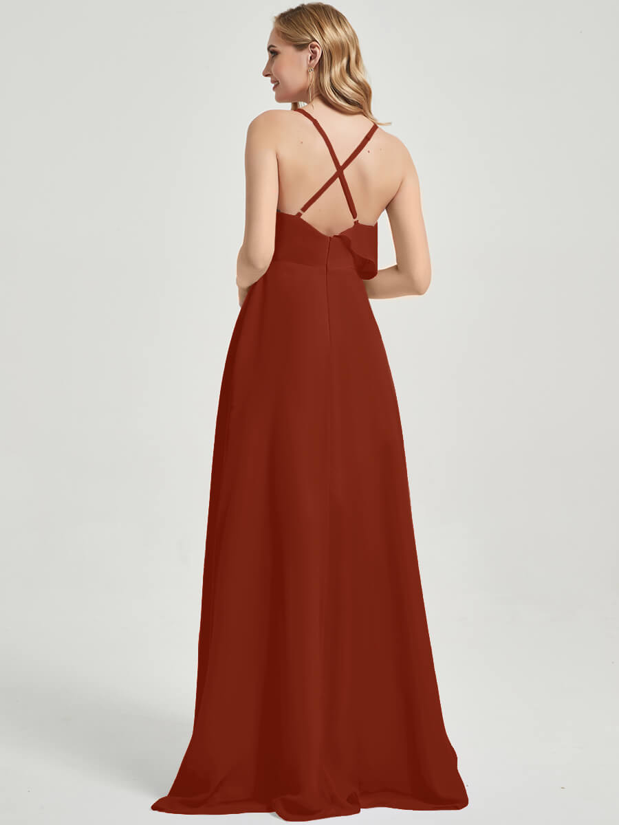 Elegant Rusty Red Chiffon Maxi Bridesmaid Dress with Criss Cross Straps, Ruffles & High Slit - Perfect for Weddings, Formal Events & Evening Parties