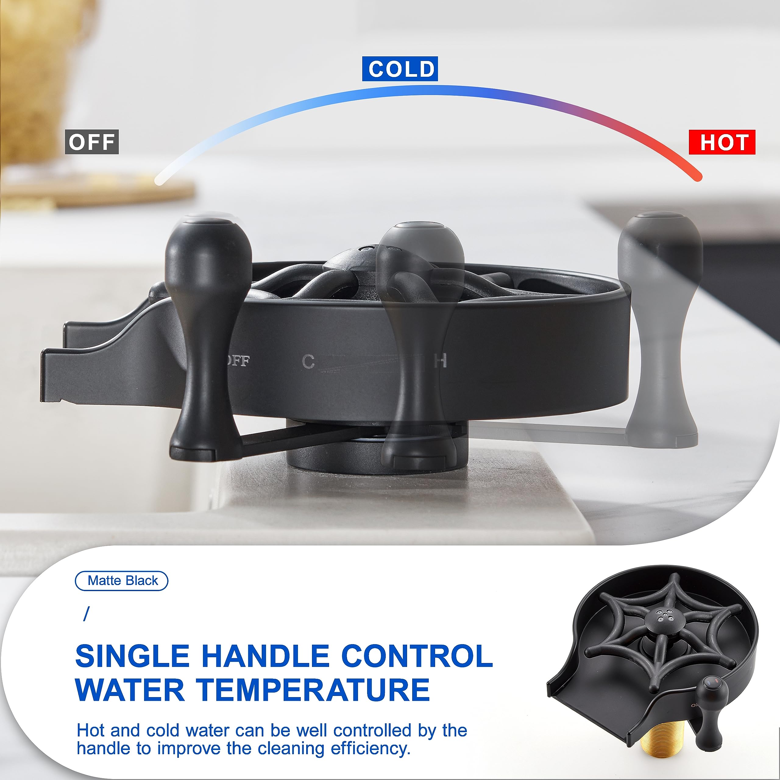 Premium Matte Black Kitchen Sink Glass Rinser - Hot & Cold Water Switching Cup/Bottle Washer for Bar, Restaurant & Home Use - Fast Automatic Flushing Faucet Cleaner for Wine Glasses, Coffee Mugs & Baby Bottles