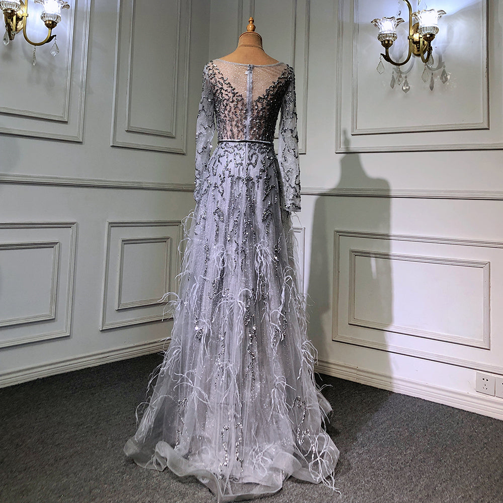 Elegant Grey Mermaid Evening Dress with Long Sleeves & Feather Beading - Luxury Women's Gown for Parties, Prom, Weddings & Formal Events - Serene Hill Collection 2025 LA70968