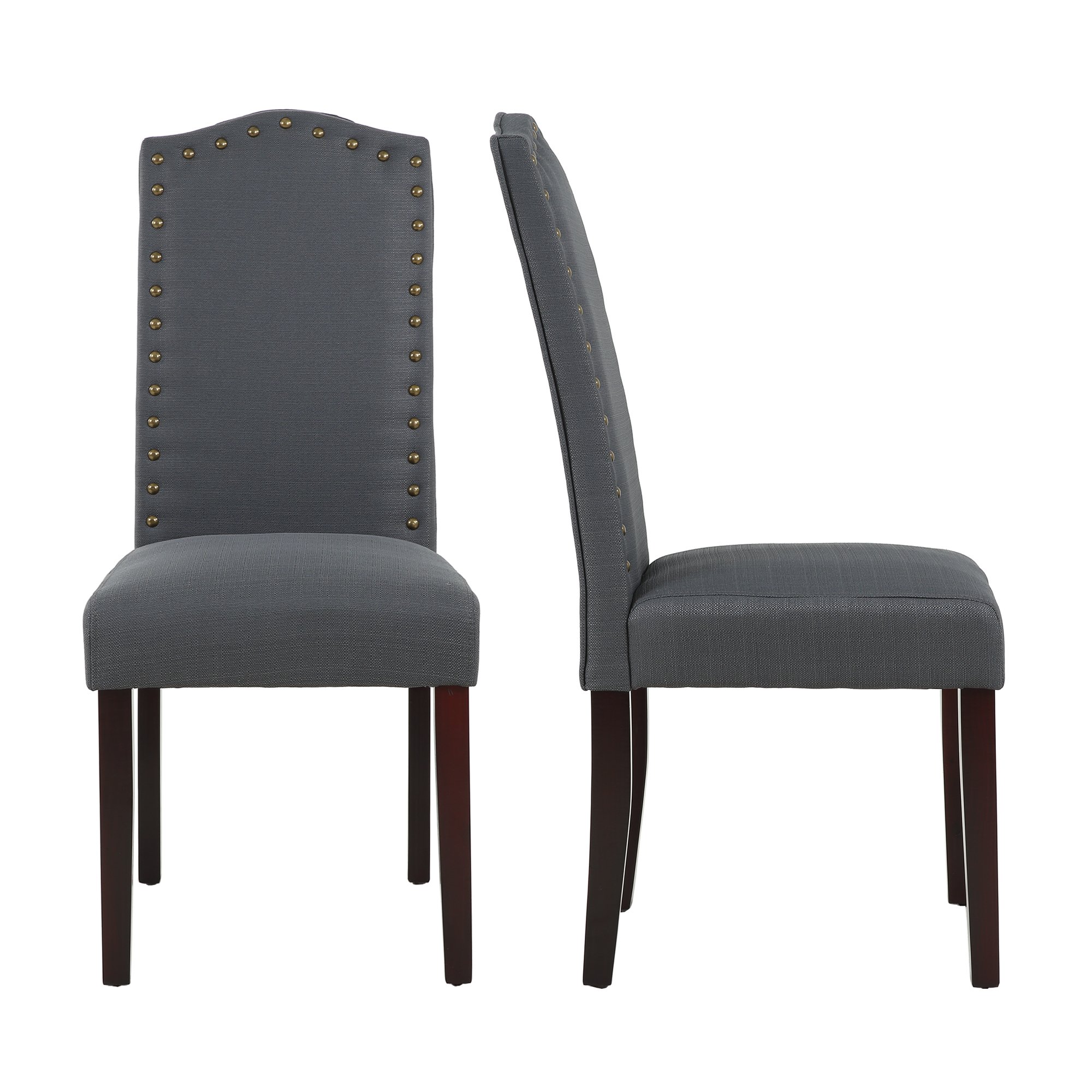 LSSBOUGHT Set of 2 Upholstered Parsons Dining Chairs - Dark Gray Fabric Kitchen Chairs with Solid Wood Frame & Nailhead Trim - Perfect for Dining Room, Kitchen, or Breakfast Nook