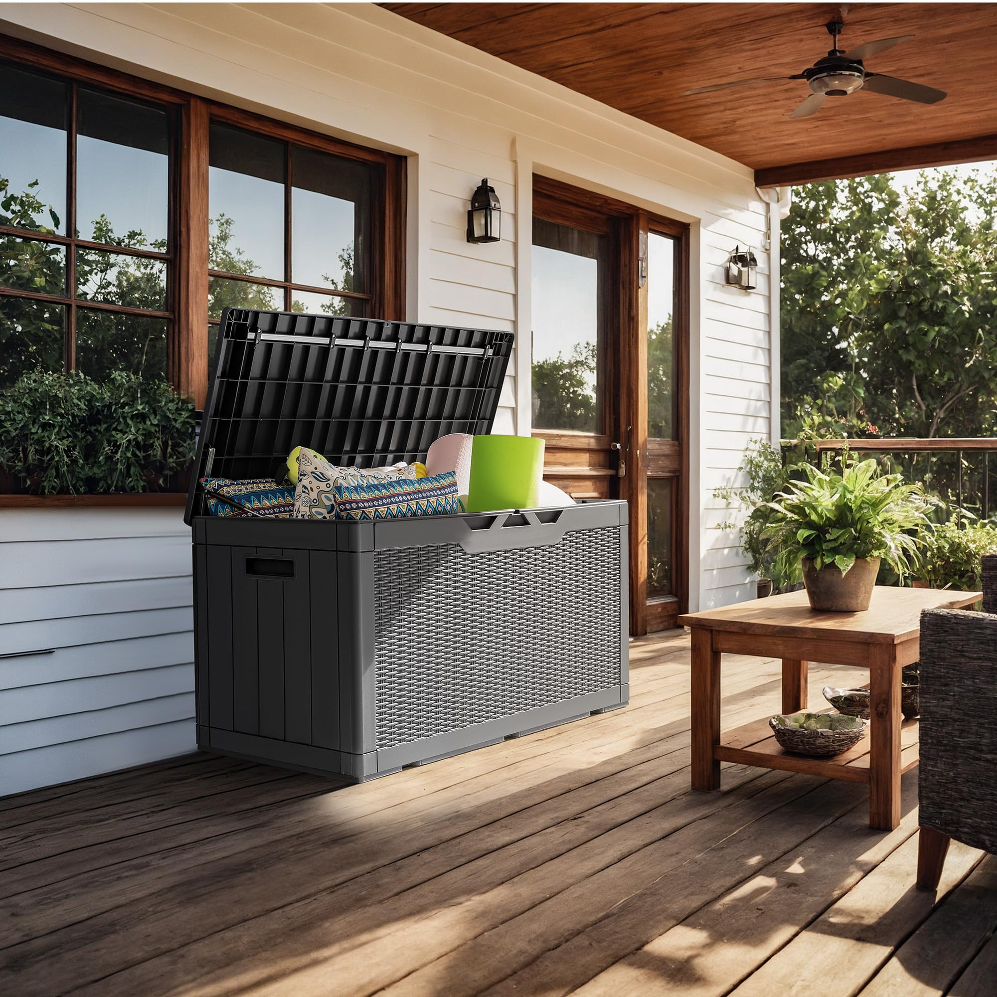 GUNJI 100 Gallon Resin Deck Box with Cushion - Outdoor Weatherproof Storage Container for Patio Furniture, Garden Tools & Pool Accessories - Lockable Large Storage Box for Backyard, Deck & Poolside Organization (Gray)
