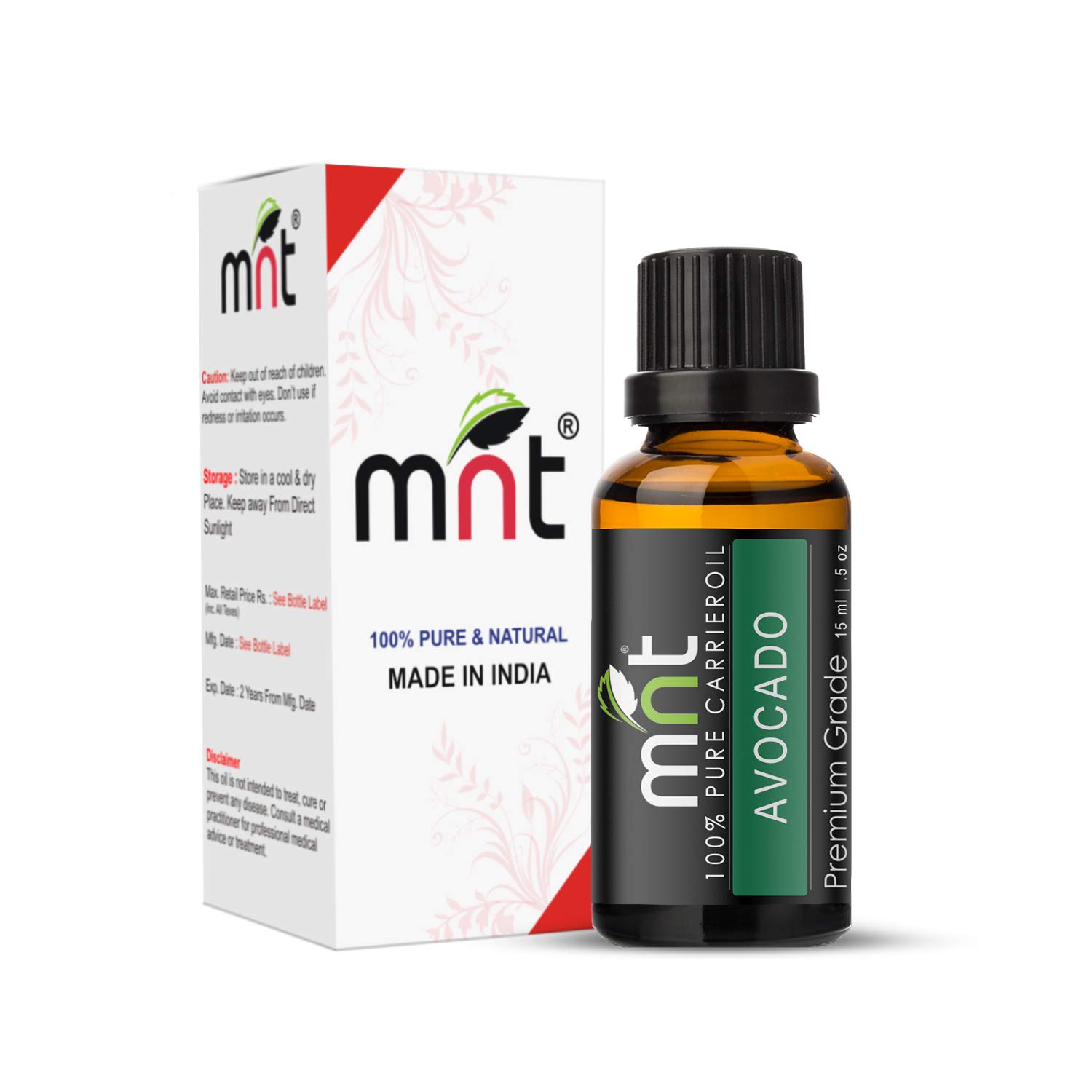 100% Pure Natural MNT Avocado Cold Pressed Carrier Oil - Therapeutic Grade for Aromatherapy, Hair, Face & Skin Care (15ML) - Perfect for Massage, DIY Beauty Recipes & Relaxation Therapy