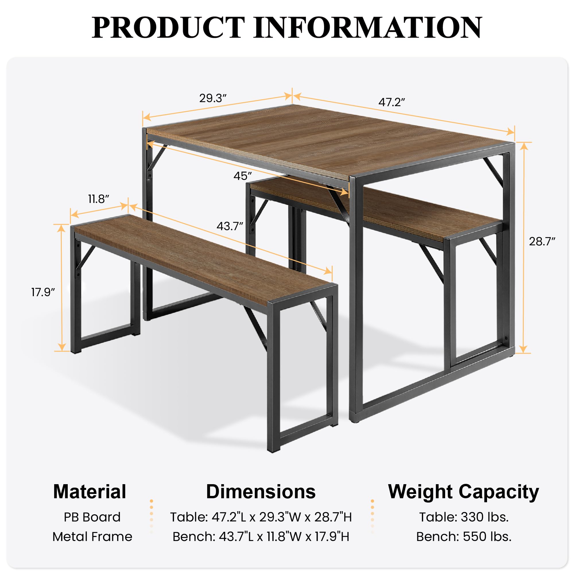 Rustic SHA CERLIN 4-Piece Kitchen Dining Table Set with Benches - Space Saving Small Dinette, Heavy Duty Metal Frame - Perfect for Apartments, Small Kitchens & Cozy Dining Spaces