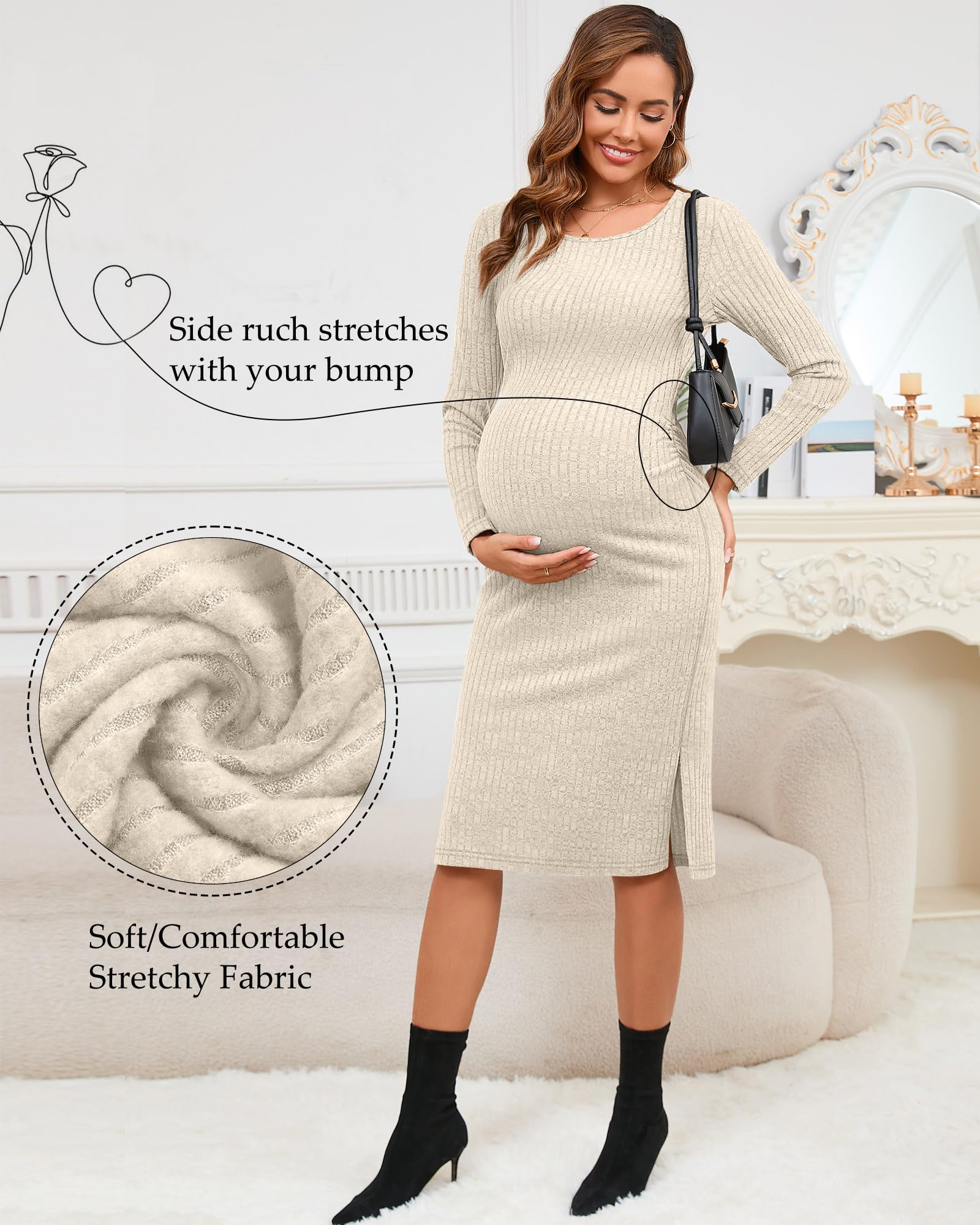 Ficerd Women's Ribbed Knit Maternity Dress - Long Sleeve Stretchy Pregnancy Bodycon Dress for Baby Shower, Nursing & Special Occasions | 2025 Trendy Split Design