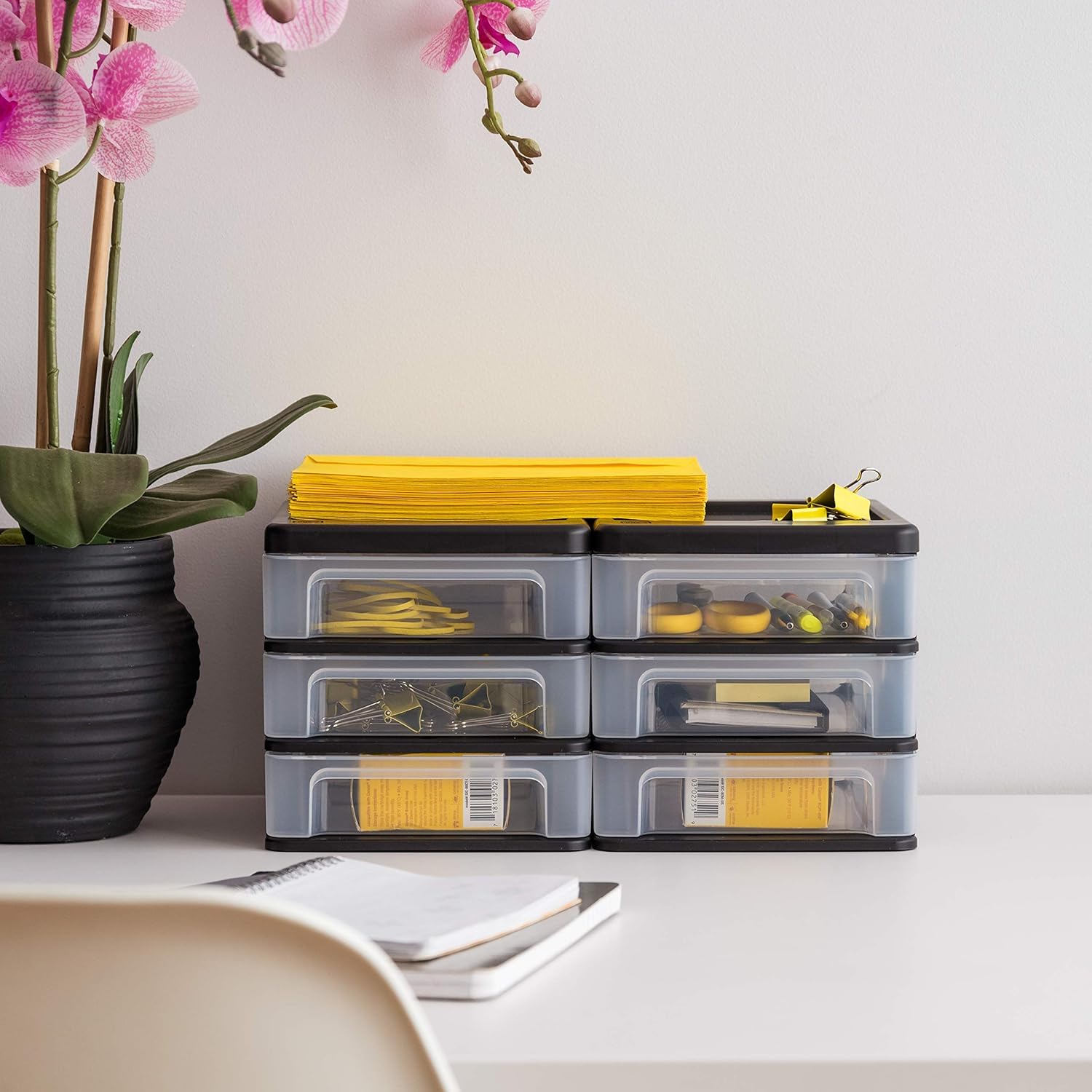 IRIS USA Plastic Stacking Desk Top 3-Drawer Storage Organizer, 2-Pack - Black Small Drawer Organizer for Makeup, Nail Polish, Stationery, Craft Supplies | Perfect for Bathroom, Office, Kitchen, Garage & Vanity Organization