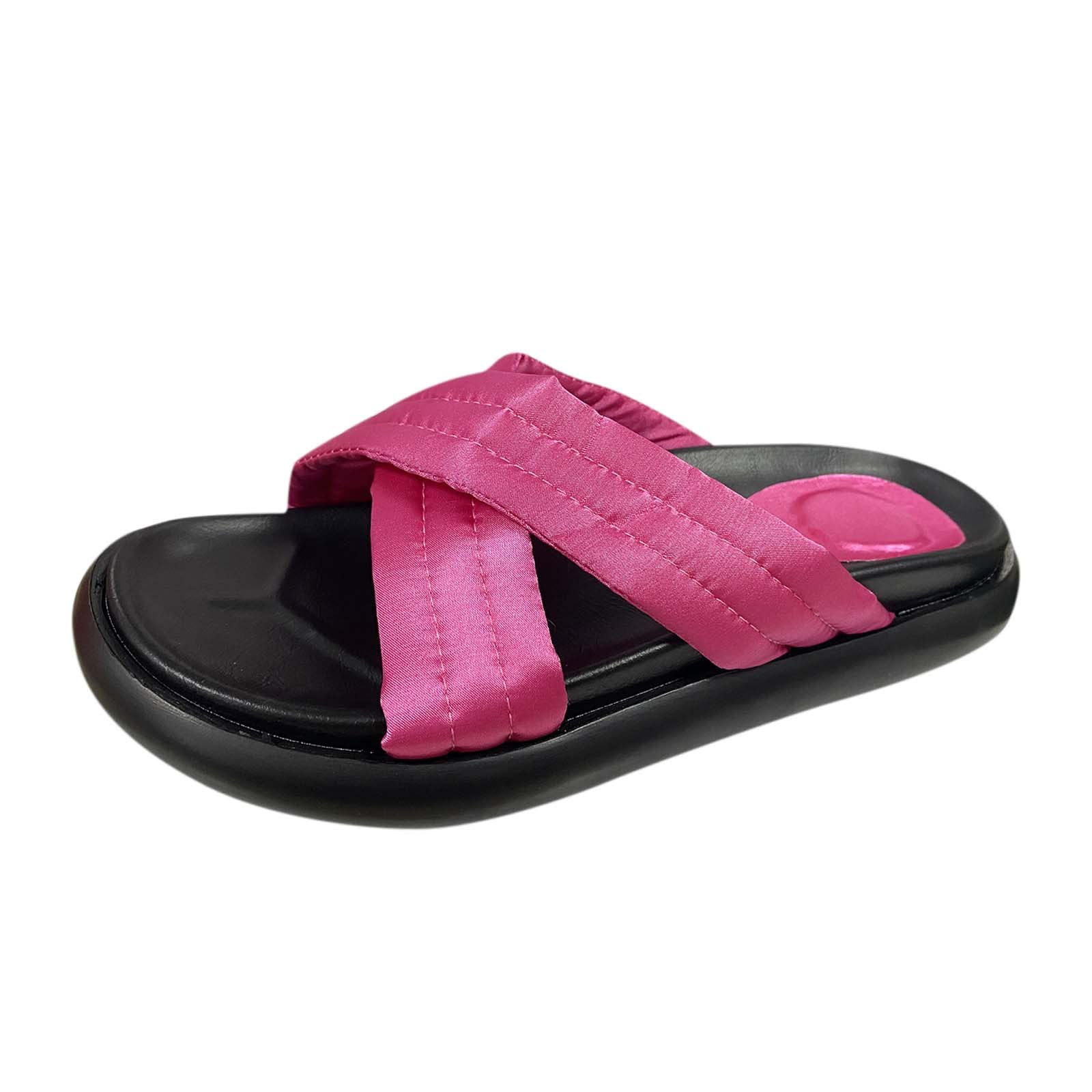 Women's Fuzzy Warm Cross Strap Slip-On Slippers - Soft Solid Color Cloth House Shoes for Indoor Comfort (Hot Pink, Size 9) | Perfect for Relaxing at Home, Lounging & Winter Coziness
