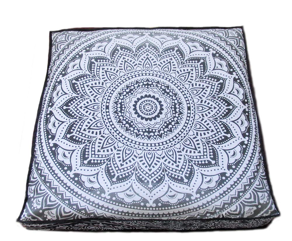 Large Square Floor Pillow Cover - Cotton Mandala Cushion with Zipper for Home Decor & Pet Bed (35