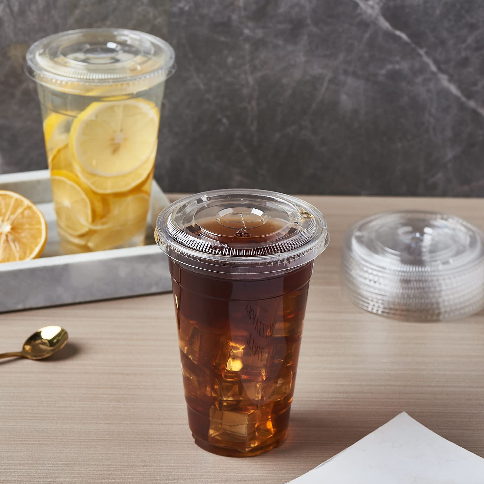 FULING 100-Pack 16 oz Clear Plastic Cups with Slot Lids - BPA Free PET Crystal Disposable Drinking Cups for Parties, Picnics, and Events - 16oz Plastic Cups with Lids for Smoothies, Iced Coffee & Beverages