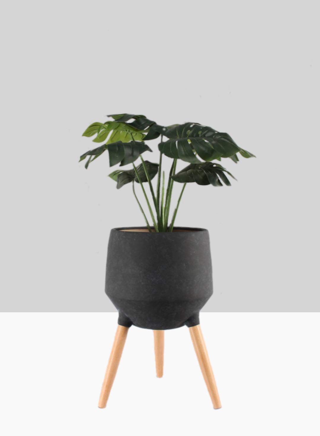 Serene Spaces Black Ceramic Plant Stand with Beech Wood Legs - 21.75