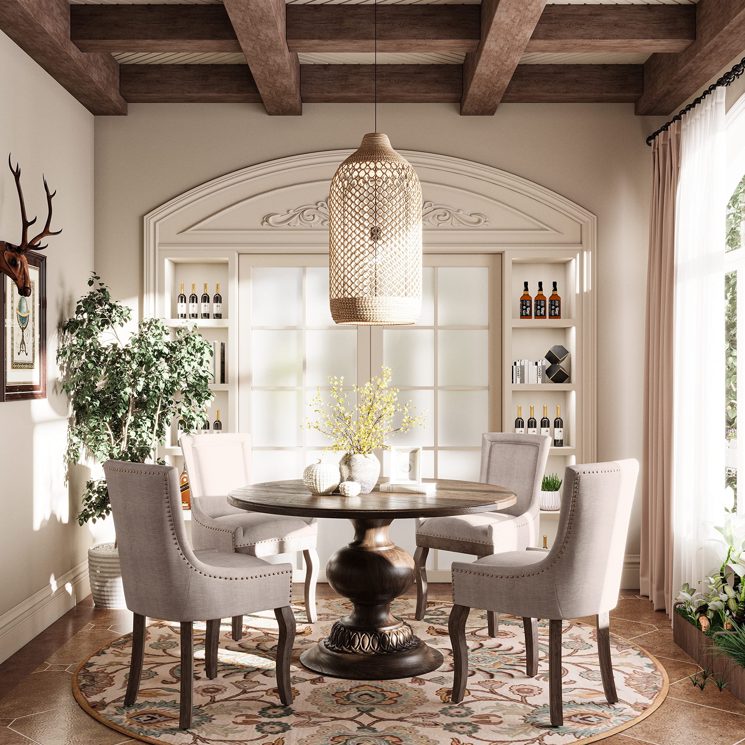 Aoowow 2-Piece Fabric Upholstered Side Chairs Set - Solid Wood Dining Chairs with Nailhead Trim, Beige - Perfect for Kitchen, Dining Room & Home Office Seating