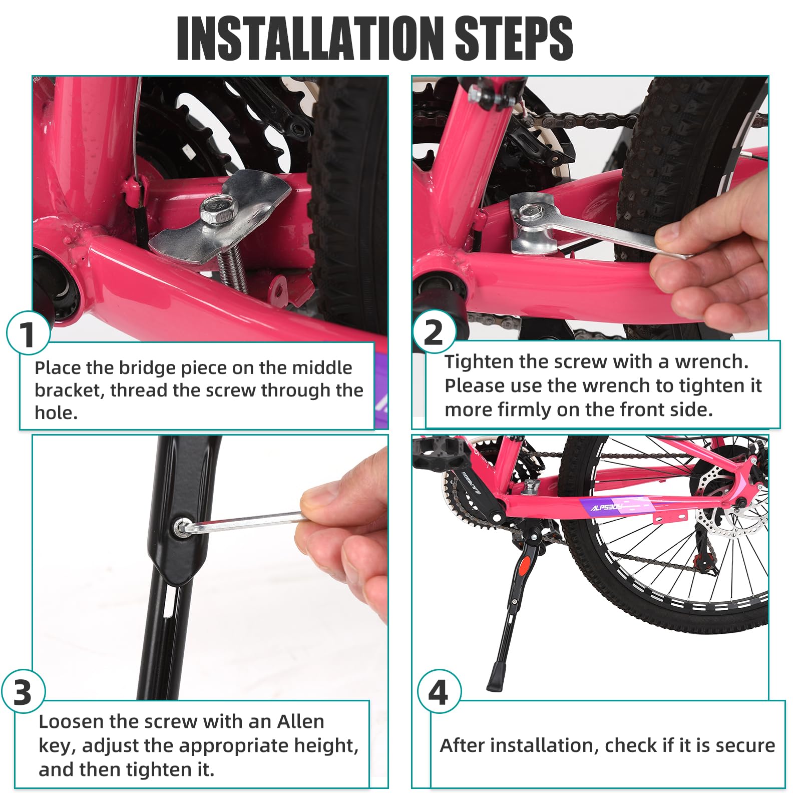 Adjustable Aluminum Alloy Bike Kickstand for 16 18 20 Inch Wheels - Universal Center Mount for Kids, Mountain, Road & Adult Bicycles - Perfect for Commuting, Off-Road Adventures and Family Cycling