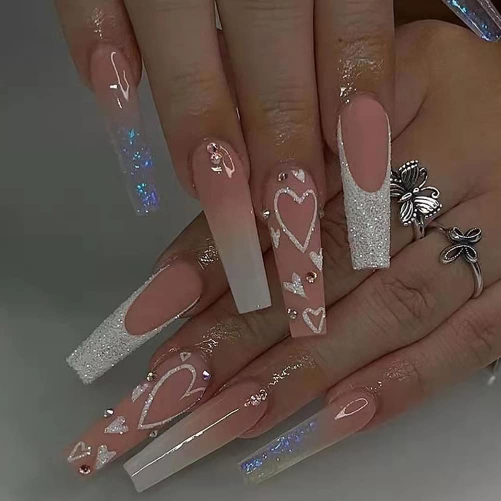 Carufin 24Pcs Long Coffin Press on Nails with Glossy Shine & Heart French Tip - Acrylic False Nails for Women & Girls (Style D) - Perfect for Parties, Weddings, and Special Occasions