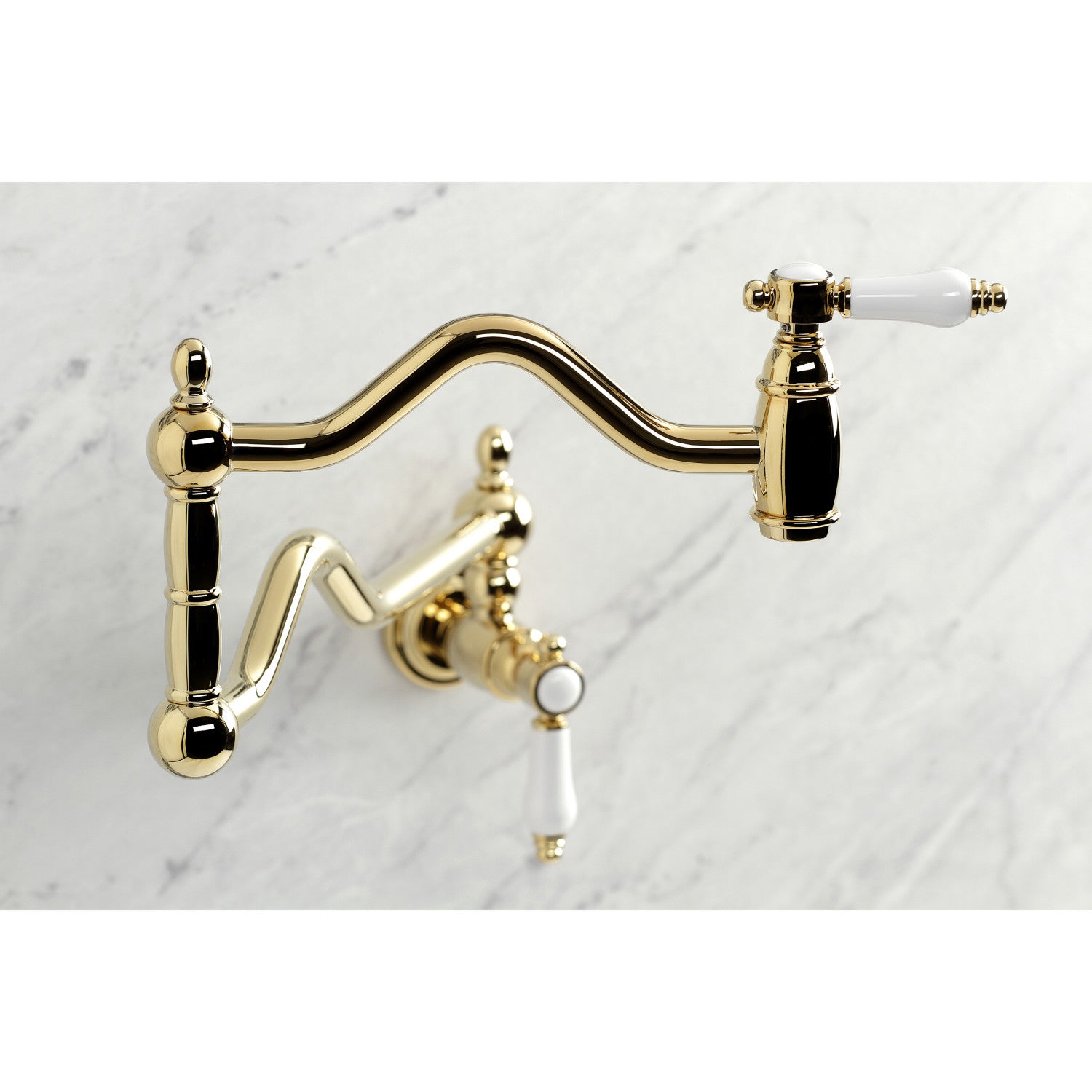 Bel Air KS2102BPL Two Handle Pot Filler Faucet - Polished Brass Finish - Wall Mounted Kitchen Sink Faucet for Easy Cooking & Filling Large Pots (Ideal for Home Chefs & Busy Kitchens)