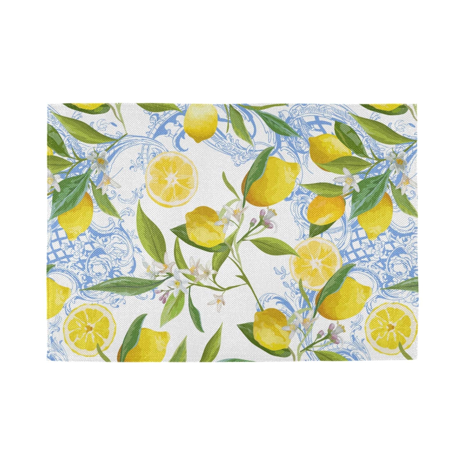 Baroque Yellow Lemon Placemats Set of 6 - Heat Resistant, Stain Resistant, Washable & Non-Slip Vinyl Table Mats for Dining Table Decor - Perfect for Kitchen, Breakfast Nook, and Outdoor Picnic Settings
