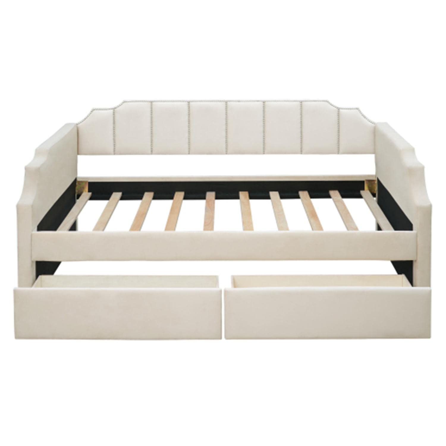 Twin Size Daybed Frame with 2 Drawers - Modern Upholstered Sofa Bed for Bedroom & Living Room, Beige | Space-Saving Sleeper Solution for Guest Rooms, Dorms & Small Apartments