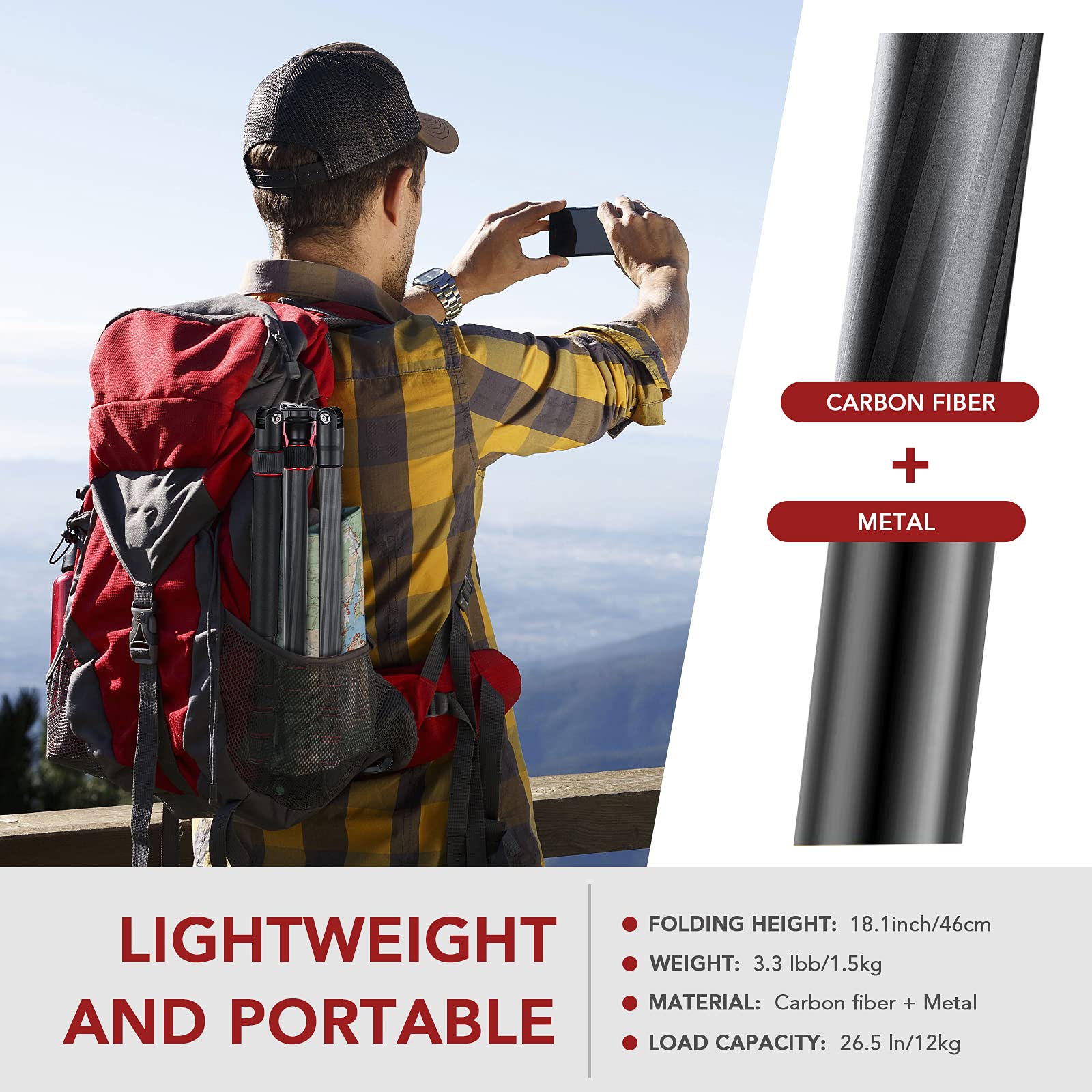 Professional Carbon Fiber DSLR Tripod HUIOP TTT-008 - 200cm/78.7in Adjustable Camera Stand with Quick Release Ball Head, 12KG Payload & Carry Bag - Perfect for Travel Photography, Vlogging, and Outdoor Shooting