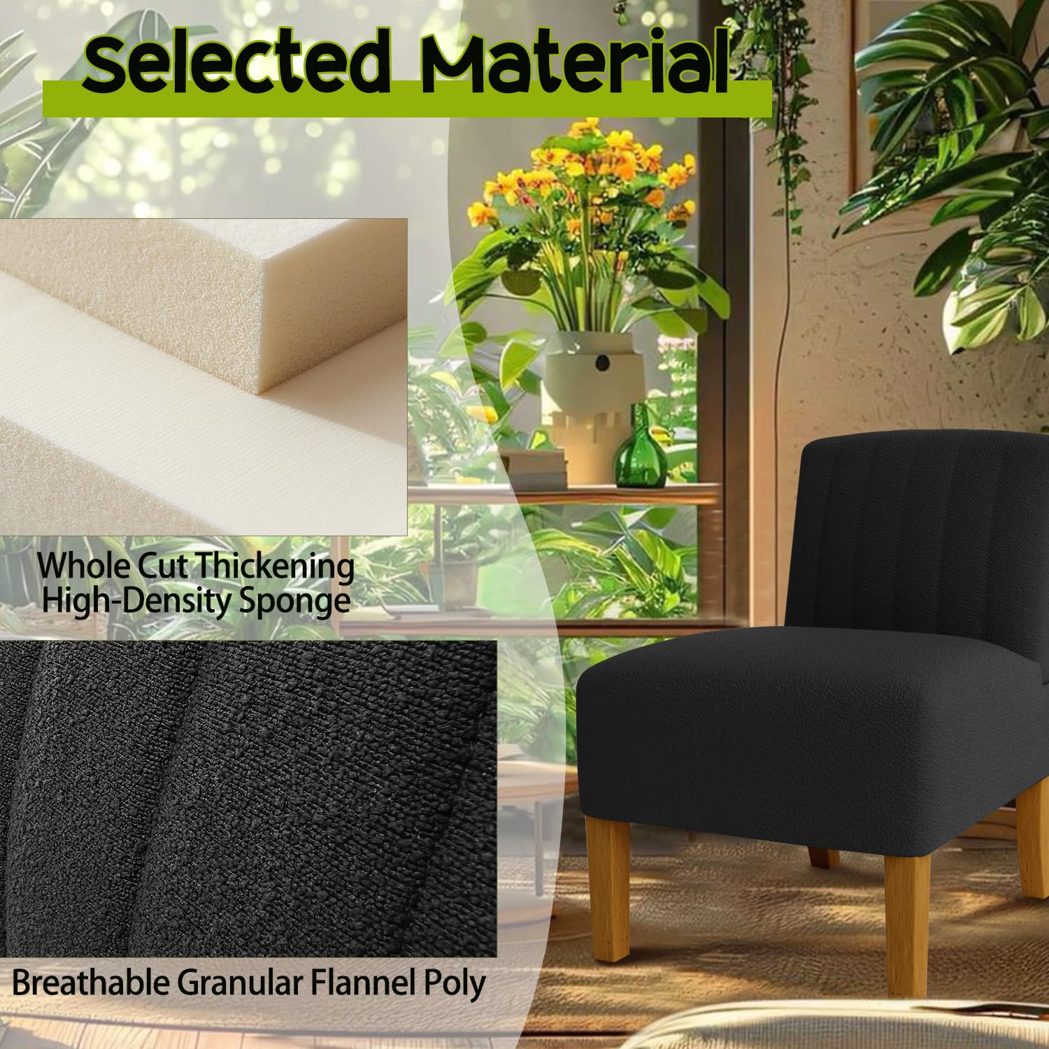 Gaussen Armless Accent Chairs for Living Room - Modern Slipper Chair with Solid Wood Legs, Upholstered Fabric Vanity Chair for Bedroom & Lounge - Perfect as Comfy Side Chair or Makeup Seat (Nero)