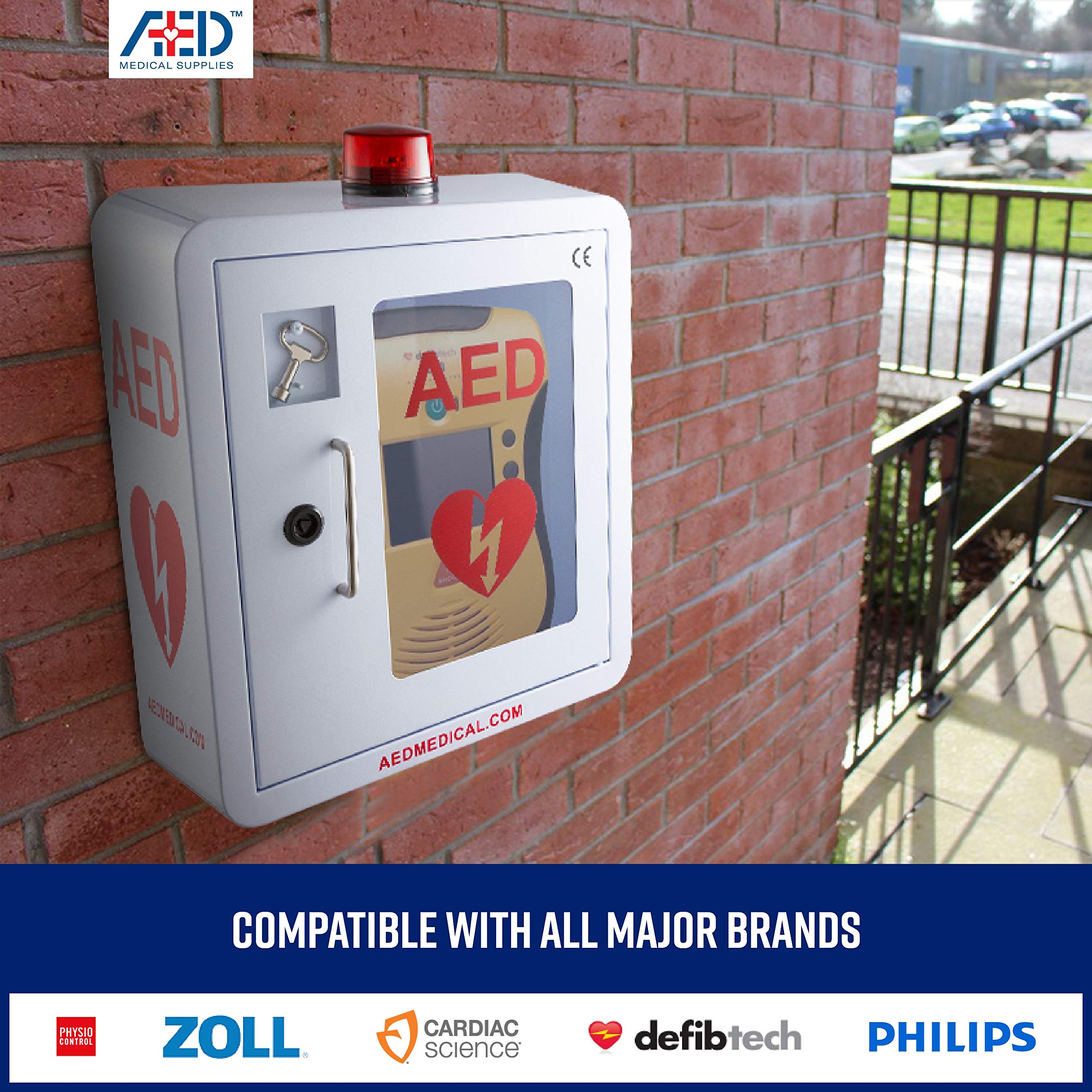 Stainless Steel AED Cabinet - 14 x 8 x 15.5 Inch Wall Mount Defibrillator Storage with Emergency Strobe Light & Alarm | Compact Surface Mount Medical Cabinet for Hospitals, Schools & Public Spaces