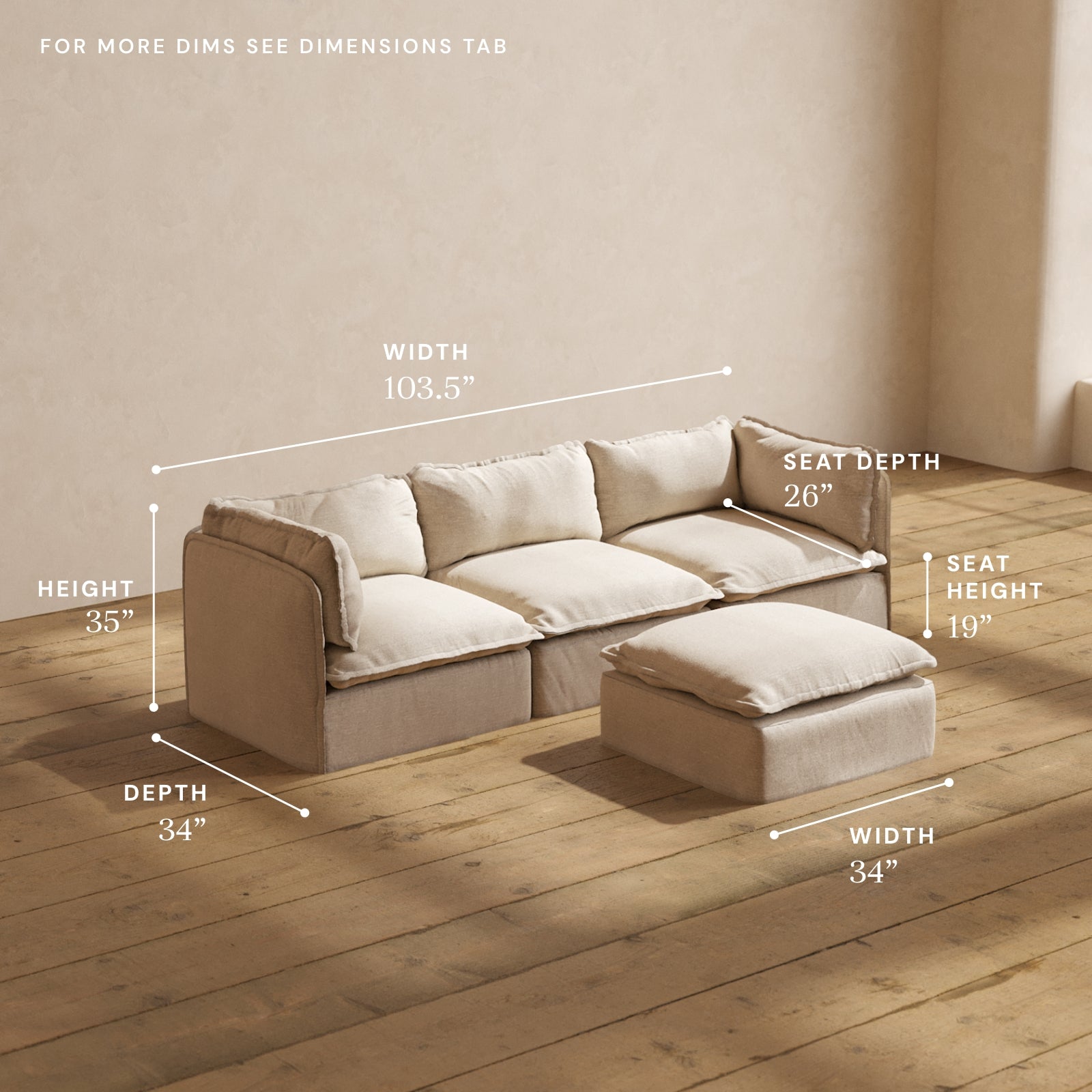 Modular Performance 3-Seater Sofa with Ottoman in Oat Fabric - Modern Sectional Couch for Living Room, Lounge & Family Room Relaxation