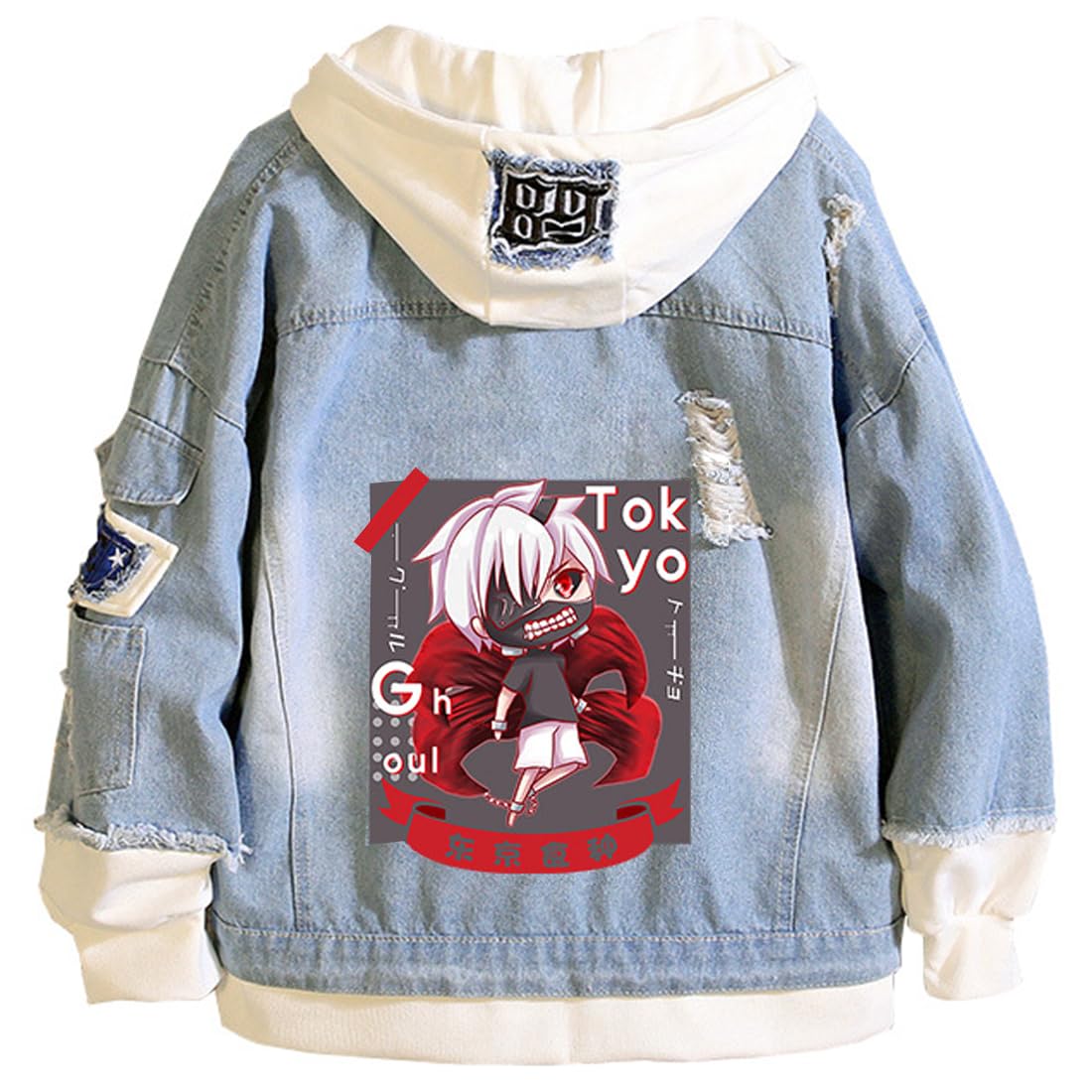 Tokyo Costume Women & Men Trucker Jacket - Classic Ripped Slim Fit Denim Jacket with Distressed Holes | Kaneki Ken Cosplay Hoodie | Perfect for Anime Conventions, Halloween & Streetwear Fashion