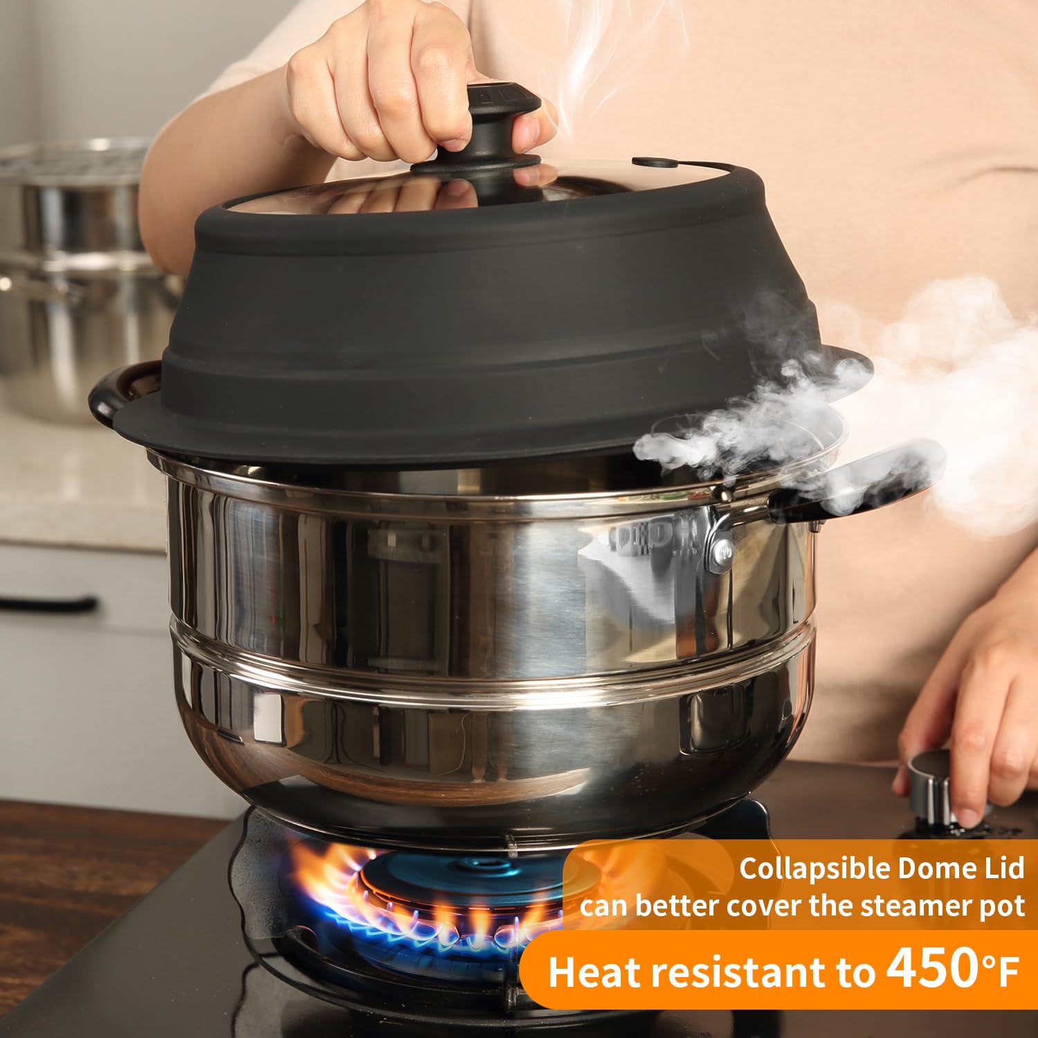 **10.5-11 Inch Universal Vented Tempered Glass Lid for Stockpot, Steamer Pot & Pan – Microwave Safe, Collapsible Silicone Cover – Perfect for Cooking, Steaming & Microwave Use**