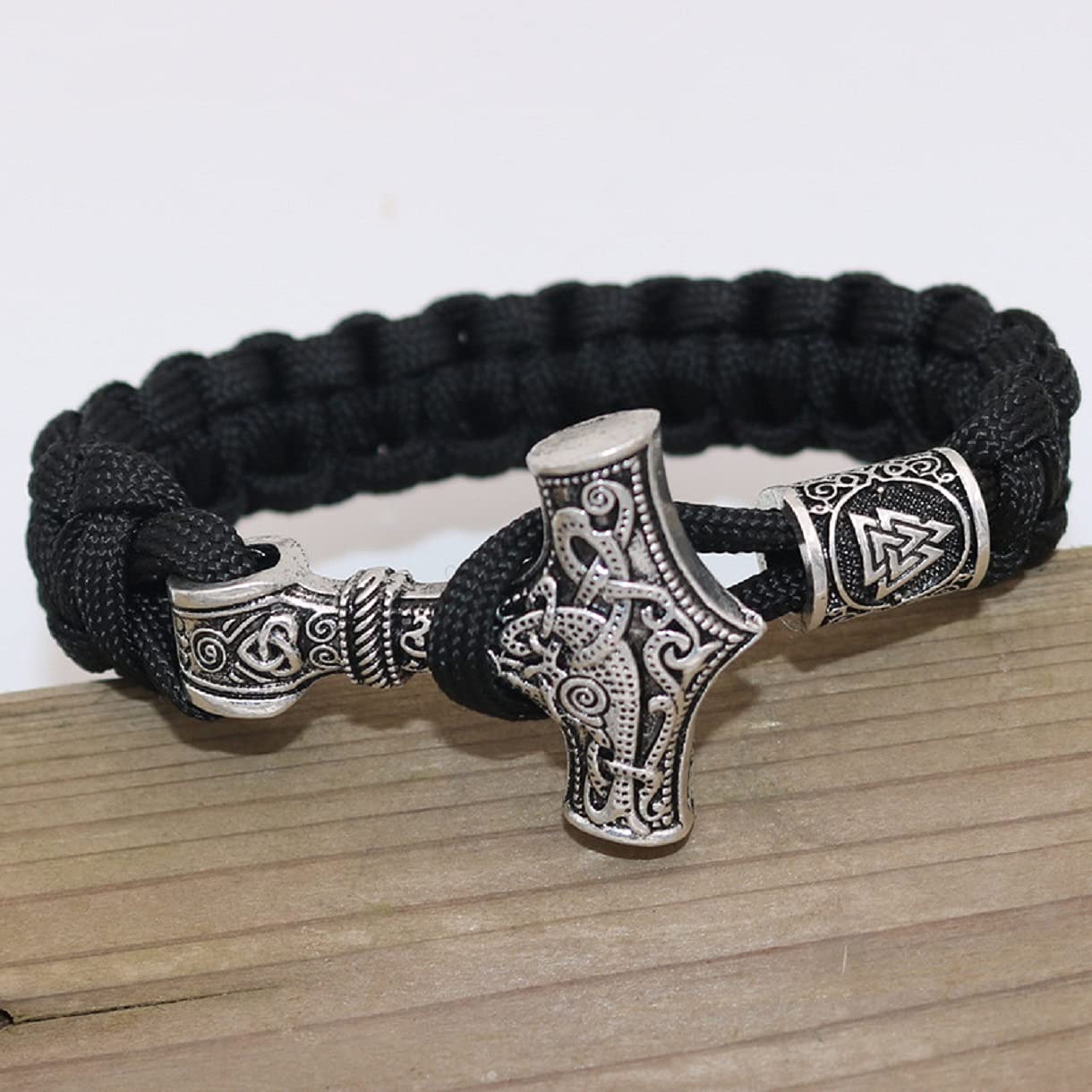 Viking Hammer Bracelet for Men - Norse Valknut Hammer Braided Bracelet with Celtic Knot Design, Odin Rune Jewelry, Punk Bangle | Perfect for Viking Lovers, Norse Mythology Enthusiasts, and Punk Fashion Accessories