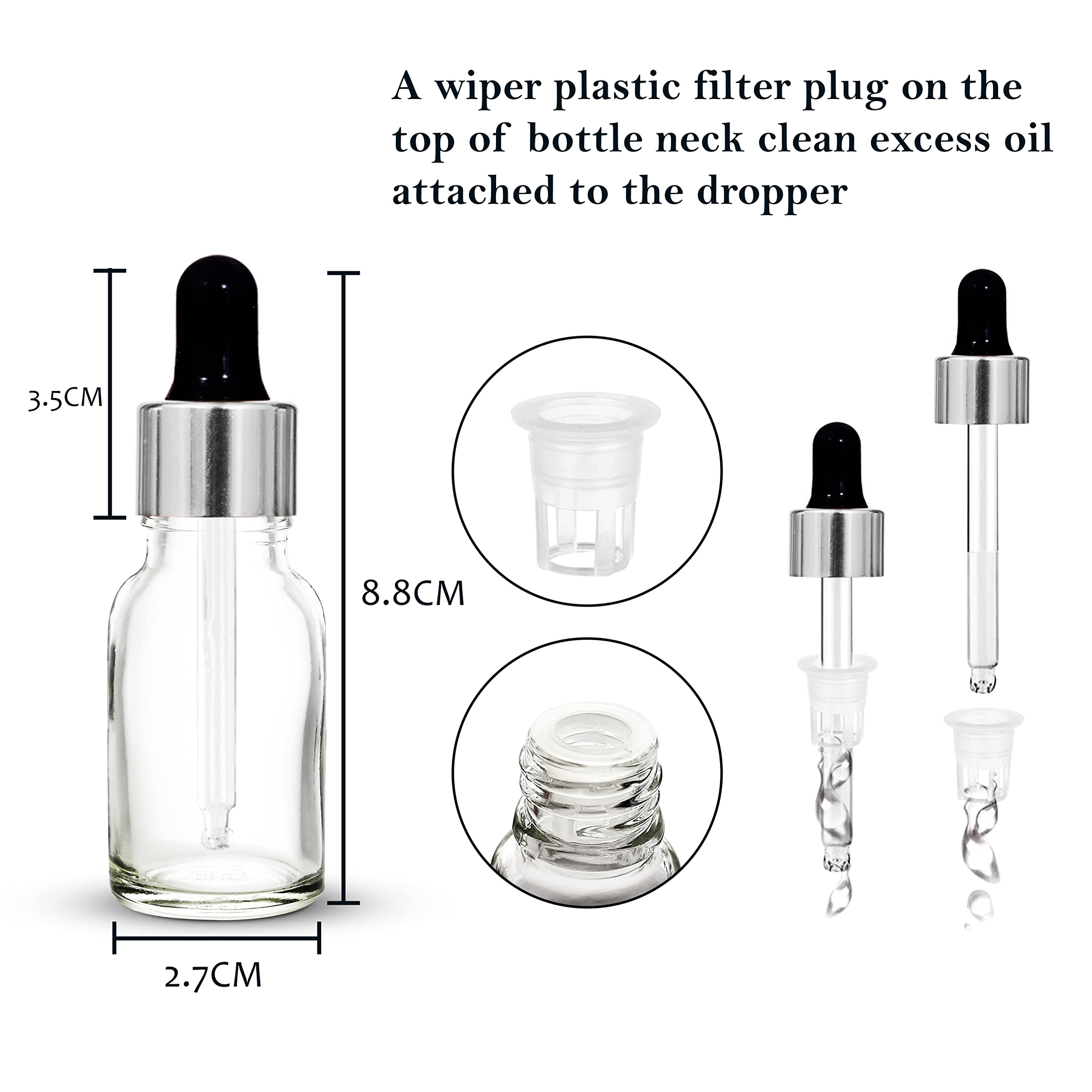 NSB Herbals 15ml Clear Round Empty Glass Bottle with Glass Dropper, Silver Ring & Black Silicone Teat - Refillable for Essential Oils, Perfumes, DIY Beauty (Pack of 3) | Perfect for Aromatherapy, Travel & Home Fragrance