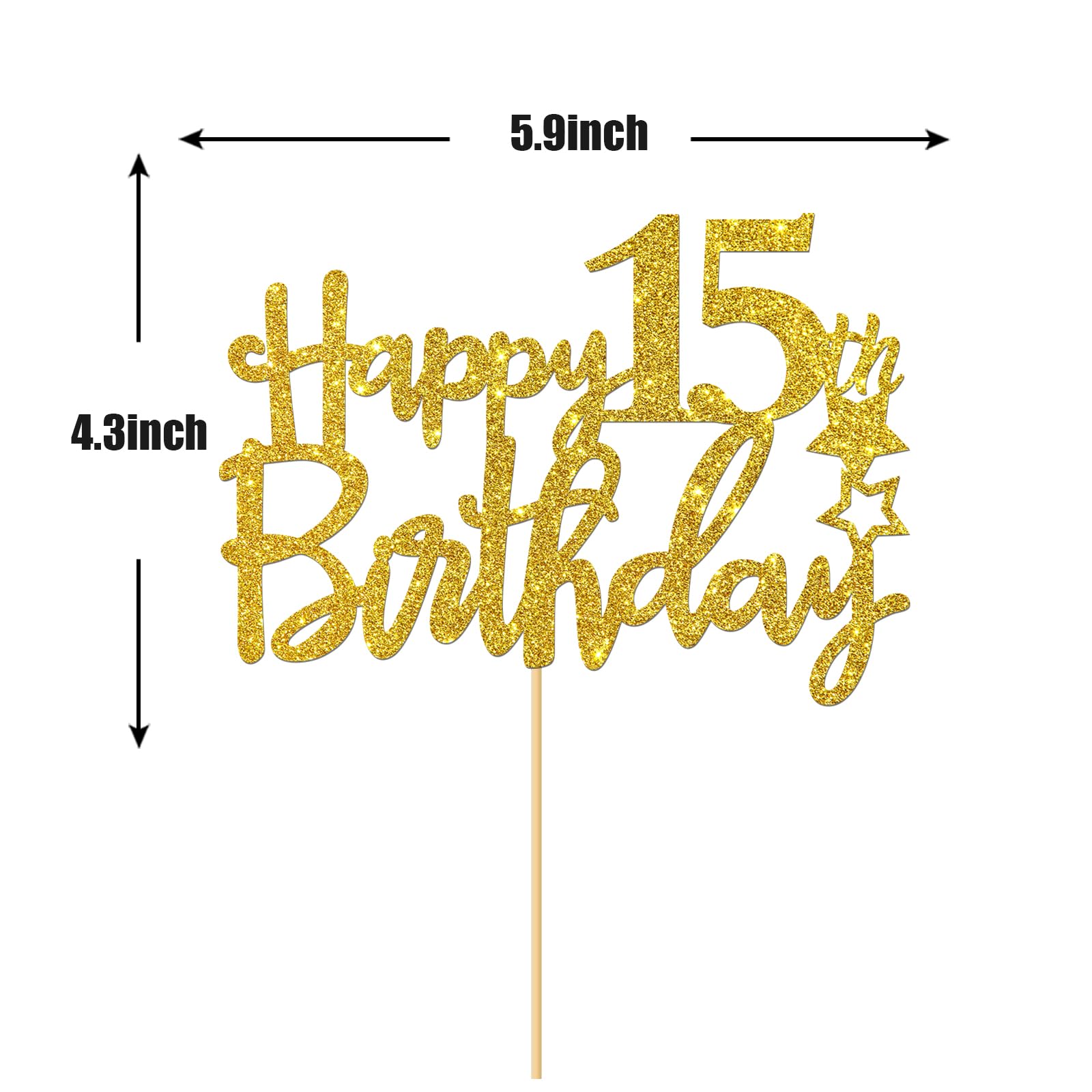 15th Birthday Cake Topper - Gold Glitter 'Happy 15th Birthday' & 'Cheers to 15 Years' Cake Decorations - Party Supplies for Sweet 16 Celebrations, Milestone Birthdays & Teen Parties