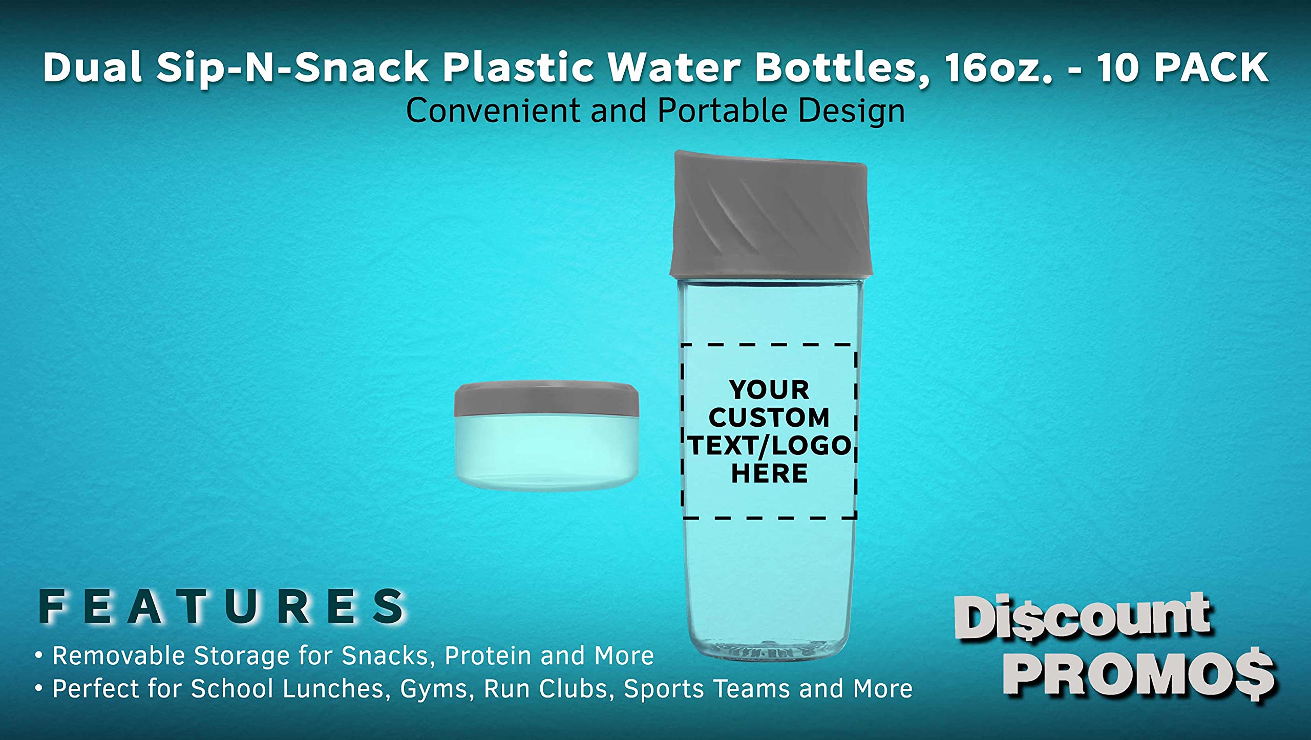 10 Pack Dual Sip-N-Snack 16oz BPA-Free Plastic Water Bottles with Screw-On Lid - Custom Text & Logo - Perfect for Schools, Sports & Office Hydration
