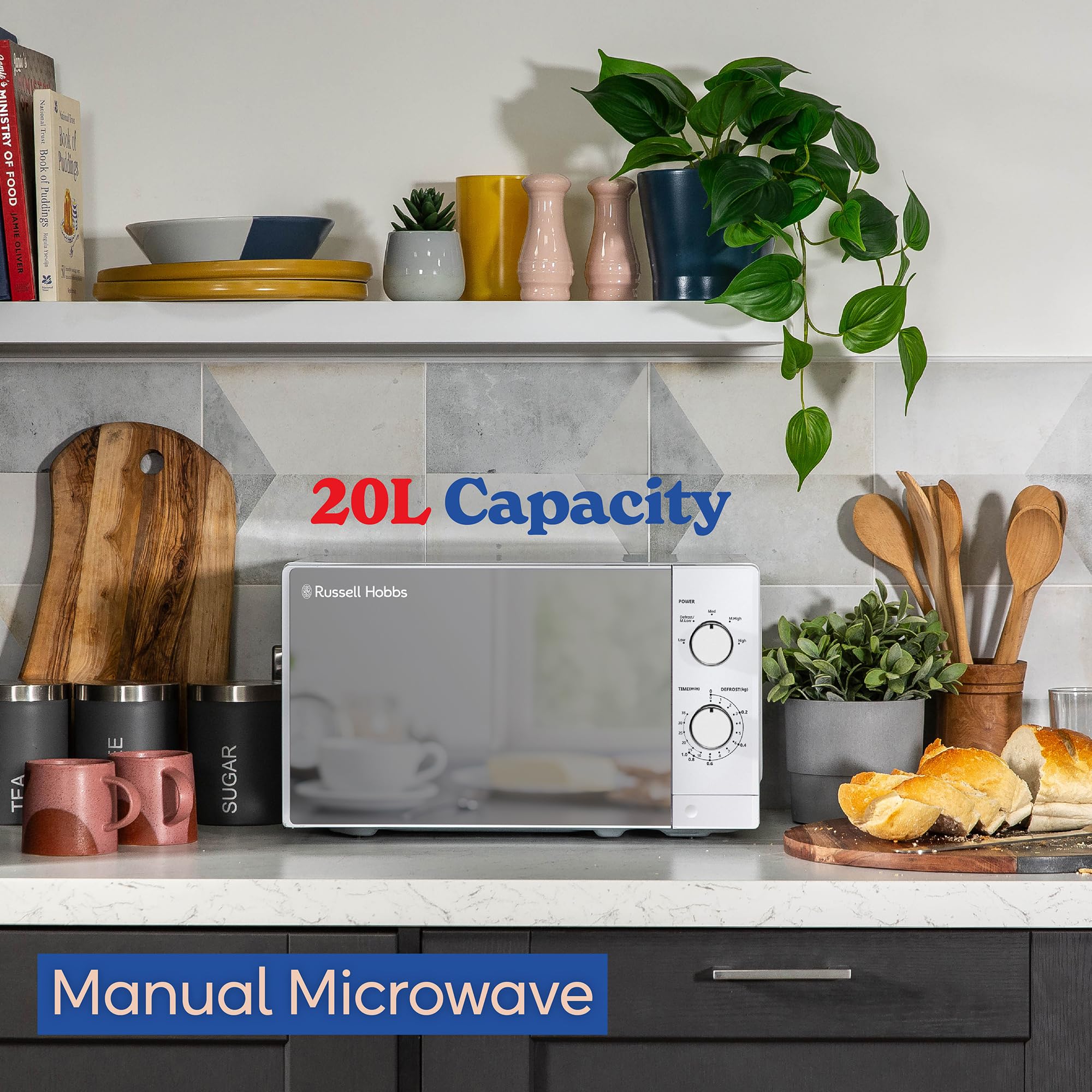 Russell Hobbs 20L 800W White Manual Microwave Oven - 5 Power Levels, Timer & Defrost Function, Easy Clean RHM2027 - Perfect for Small Kitchens, Dorms & Office Break Rooms