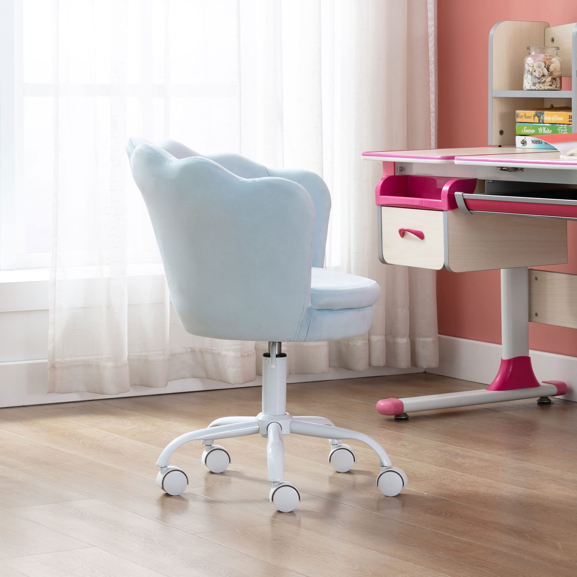 Velvet Kids Desk Chair - Adjustable Swivel Rolling Computer Chair for Girls, Modern Upholstered Armchair with Ergonomic Support for Bedroom, Study Room & Home Office (Blue) - Perfect for Homework, Gaming & Reading