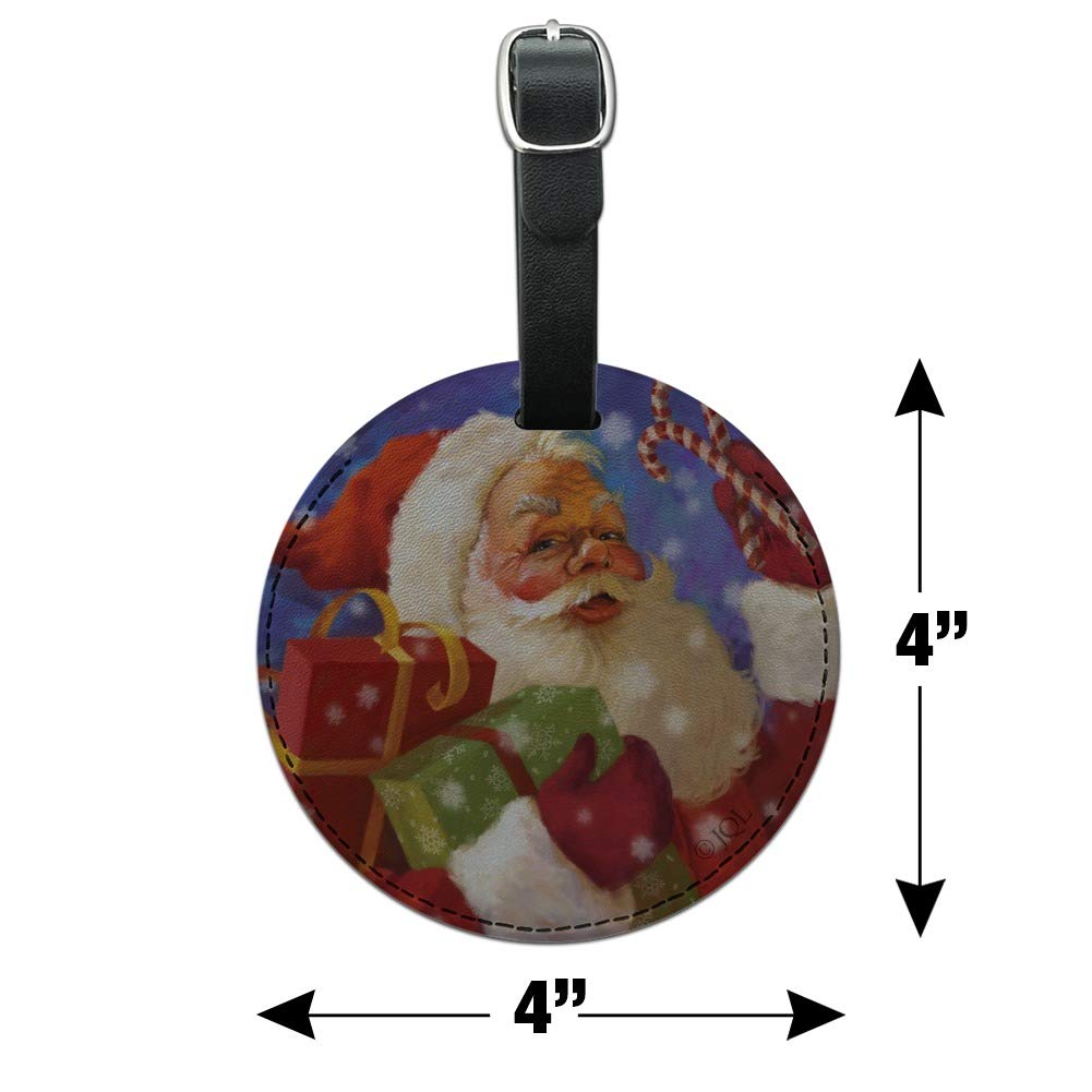 Christmas Santa Candy Cane Round Leather Luggage Tag - Personalized ID Card Holder for Travel Bags, Suitcases & Backpacks | Perfect Holiday Gift for Christmas Travel & Vacation