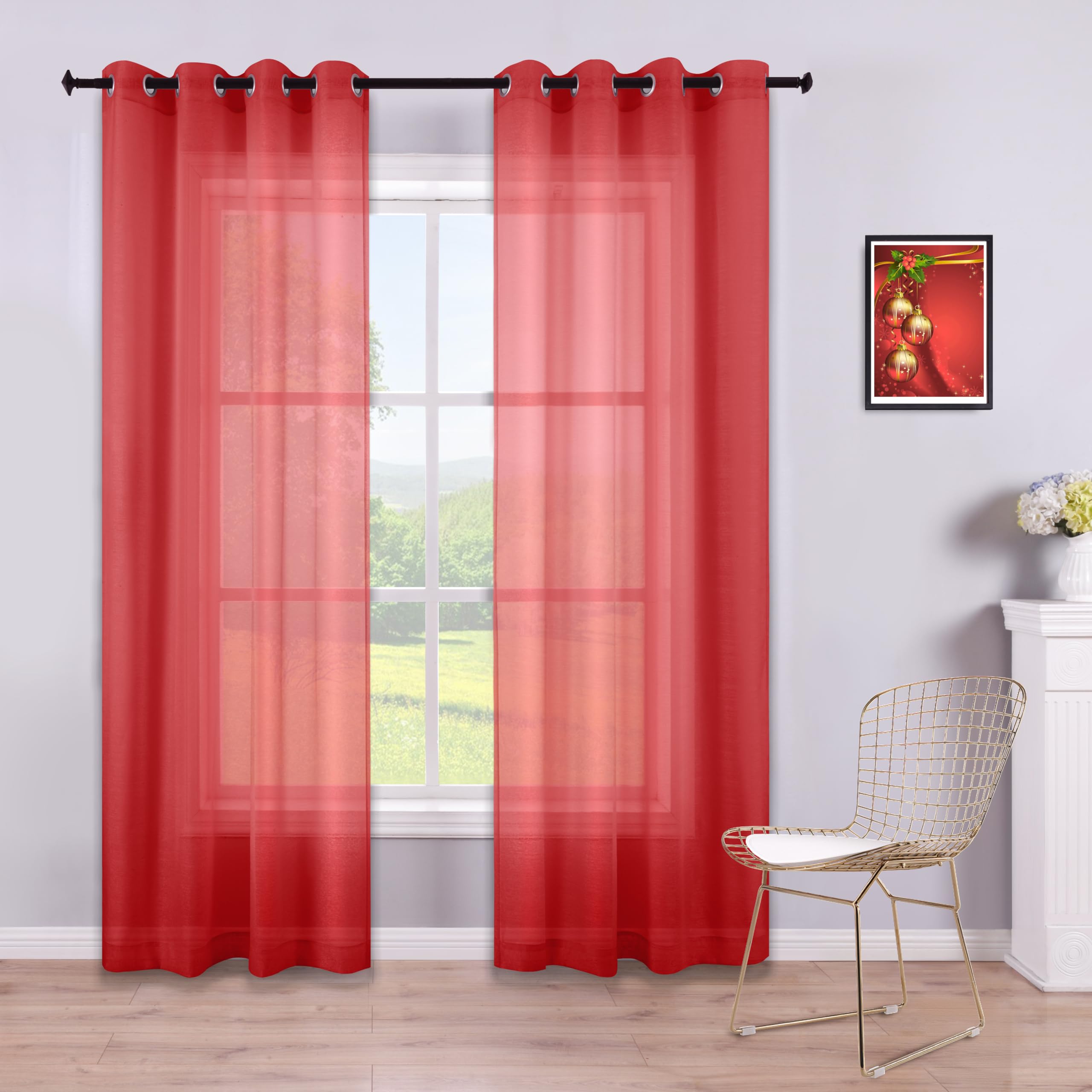 KOUFALL 108 Inch Long Red Curtains - Set of 2 Panels with Grommet Top, Faux Linen Semi-Sheer Window Drapes for Living Room & Bedroom Decor | Perfect for Home Theater, Photo Backdrops, and Party Decorations