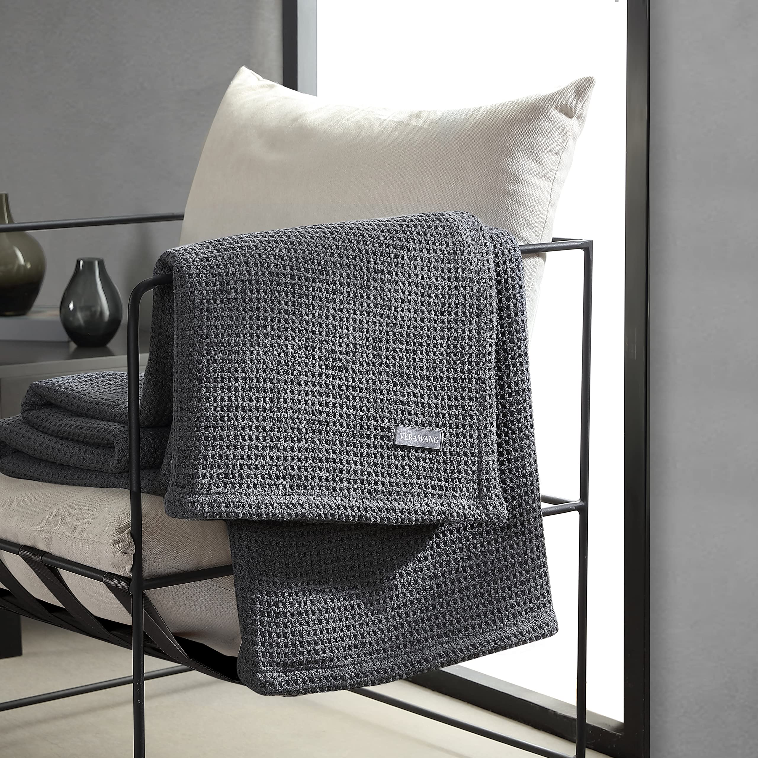 Vera Wang King Size Luxury Cotton Waffle Weave Blanket - Ultra Soft & Breathable Bedding for Cozy Nights (Charcoal Grey) - Perfect for Master Bedroom, Guest Room, and Cold Weather Comfort