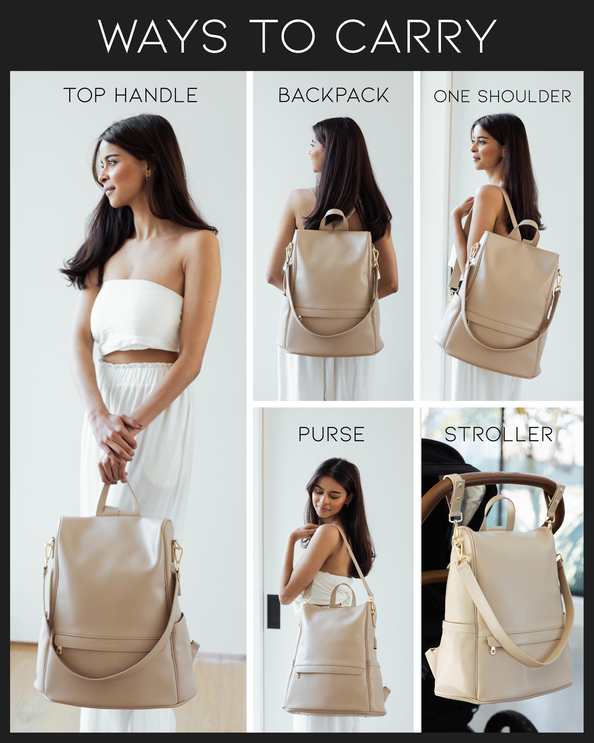 Premium Leather Diaper Bag Backpack with USB Charging Port, Insulated Bottle Holder & Stroller Straps - Includes Changing Pad - Perfect for Moms & Dads On-The-Go (Beige Mia) - Ideal for Travel, Shopping & Baby Care Essentials