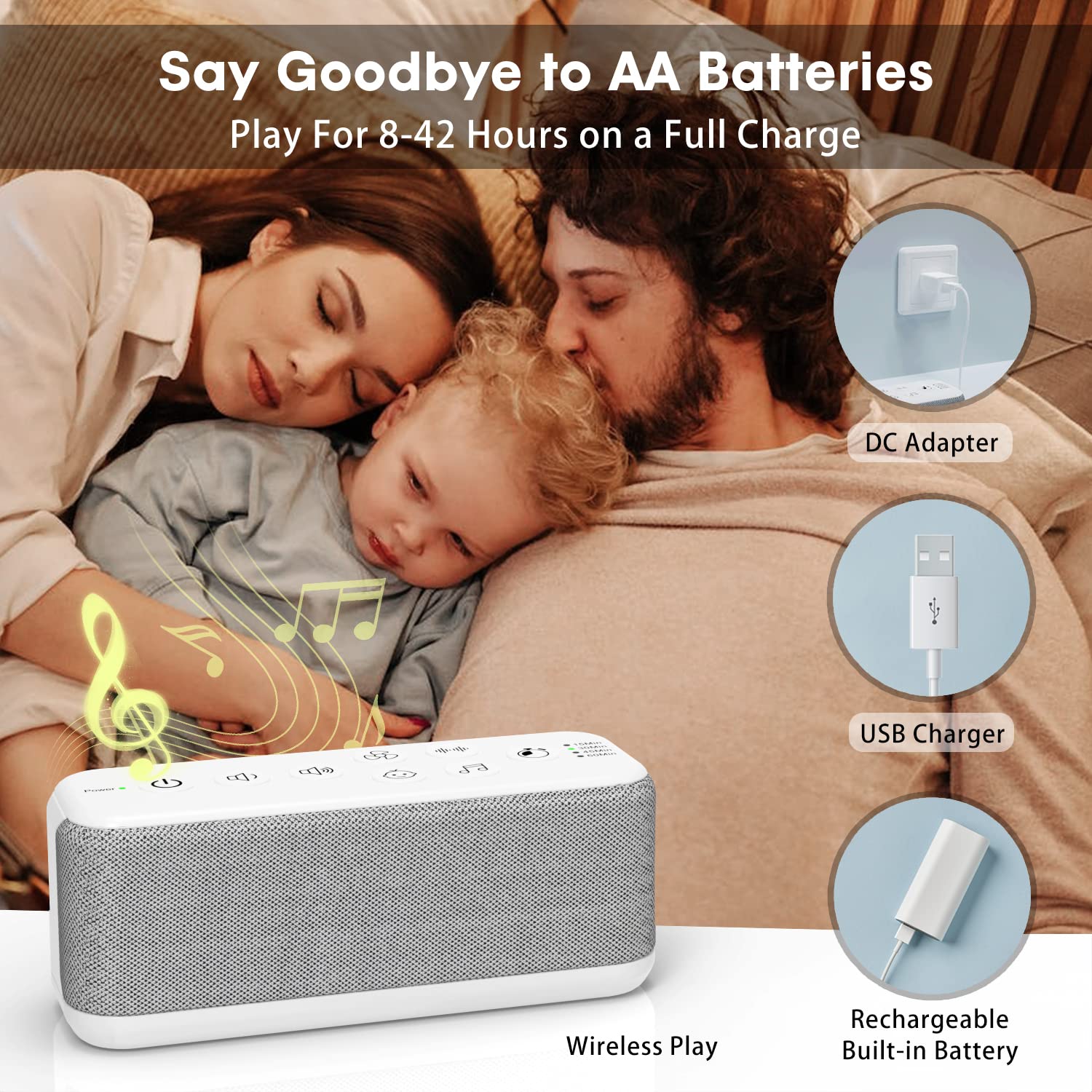 Rechargeable White Noise Machine for Adults & Portable Sound Soother - Perfect for Sleeping, Travel, and Baby Nursery (White & Silver)
