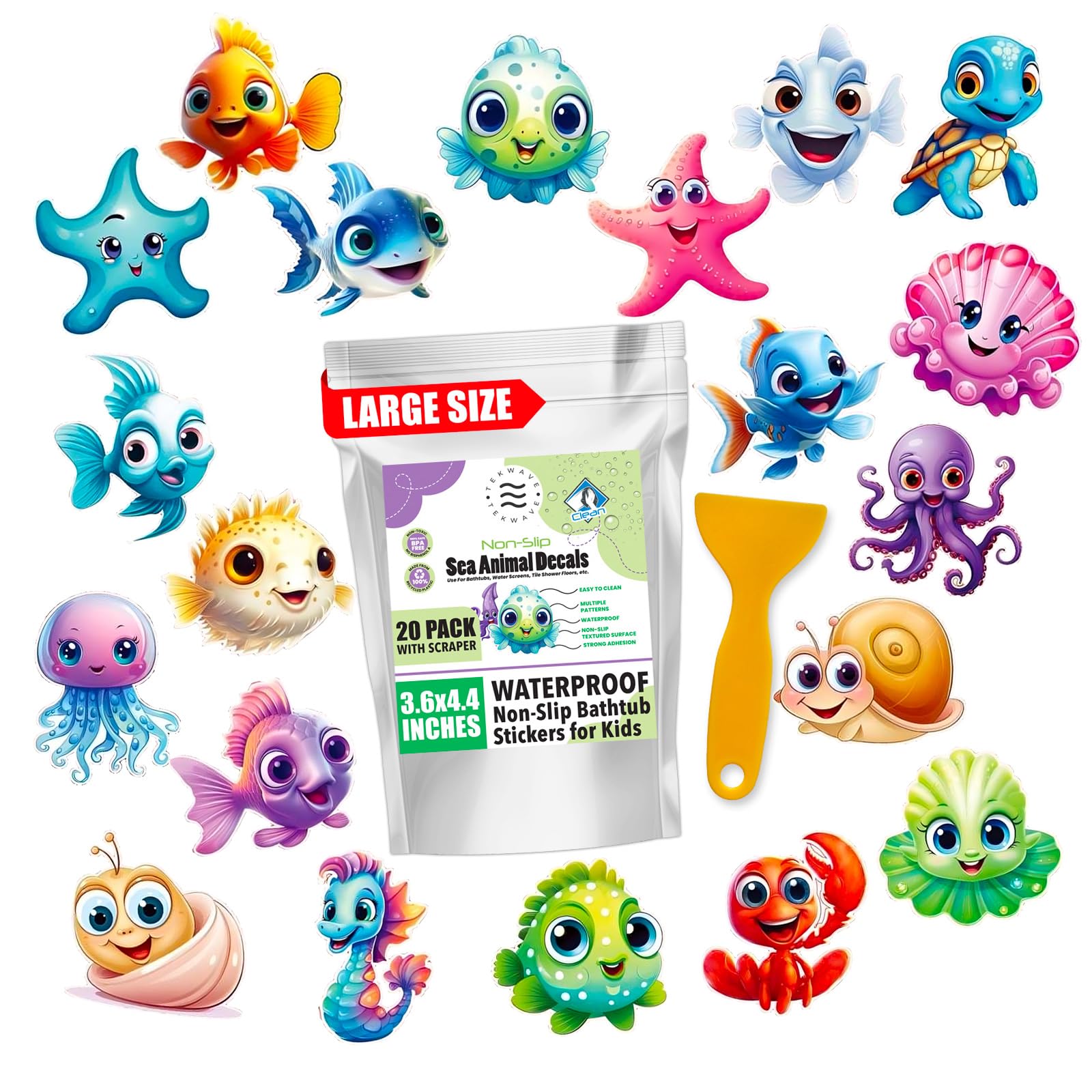 **TEKWAVE Non-Slip Bathtub Stickers for Kids & Toddlers - 20-Pack Anti-Slip Shower Decals with Adhesive Back & Scraper - Safe Bathroom Floor Stickers for Baby, Elderly & Pets - Perfect for Wet Showers, Tubs & Slippery Surfaces**