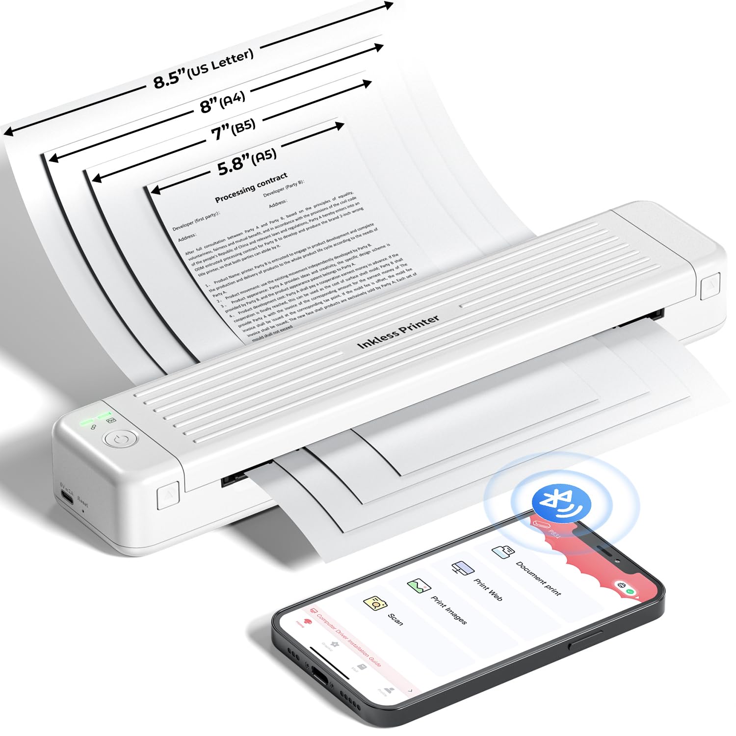 ASprink P831 Wireless Portable Thermal Printer for A4/A5/B5/Letter Sizes - Bluetooth Inkless Printer for Plain & Thermal Paper (White) | Ideal for Home Office, Label Printing & On-the-Go Documents