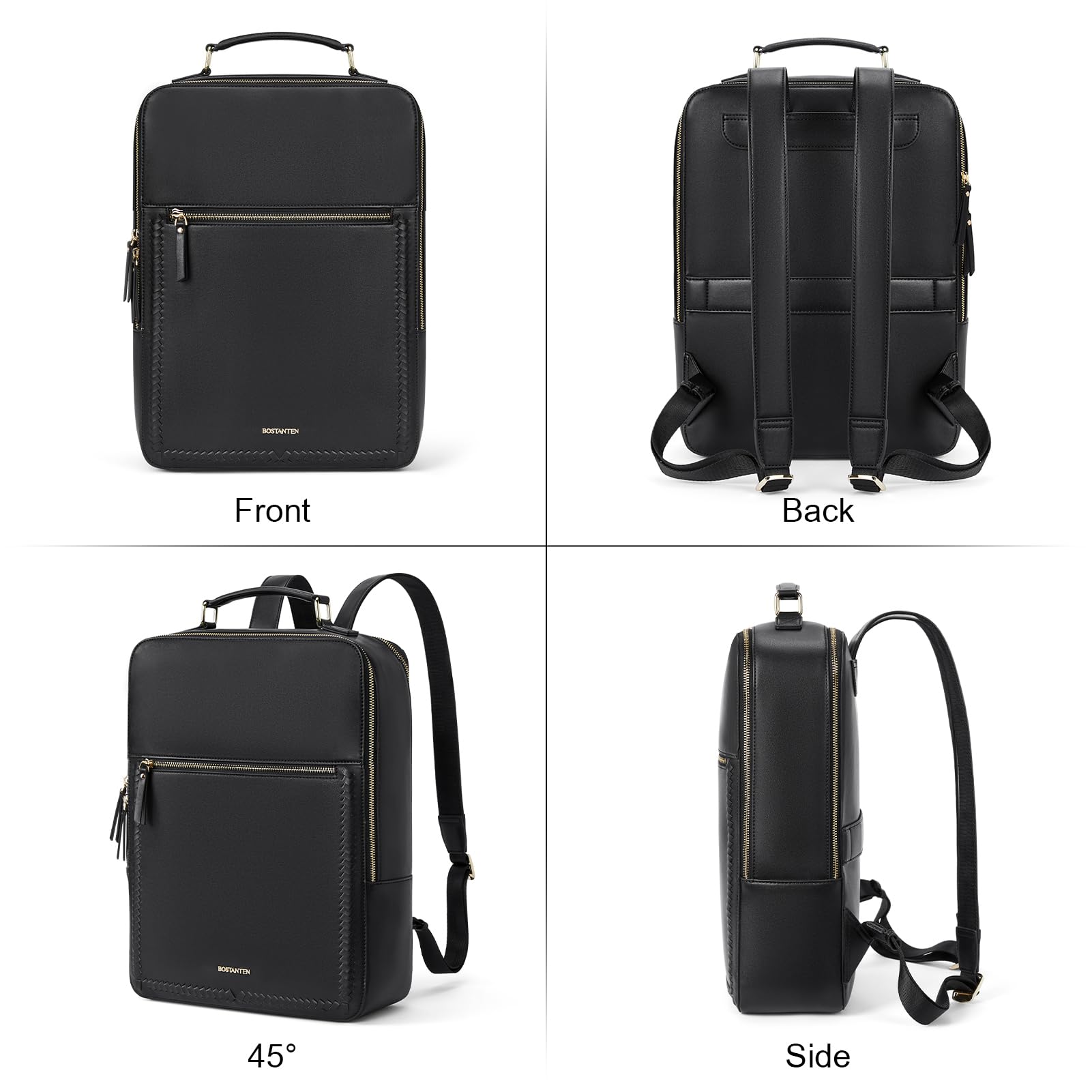 BOSTANTEN 15.6 Inch Leather Laptop Backpack - Waterproof Travel Business Backpack for Men & Women with USB Charging Port & Trolley Sleeve - Perfect for Work, College, Commuting & Airplane Carry-On (Black)