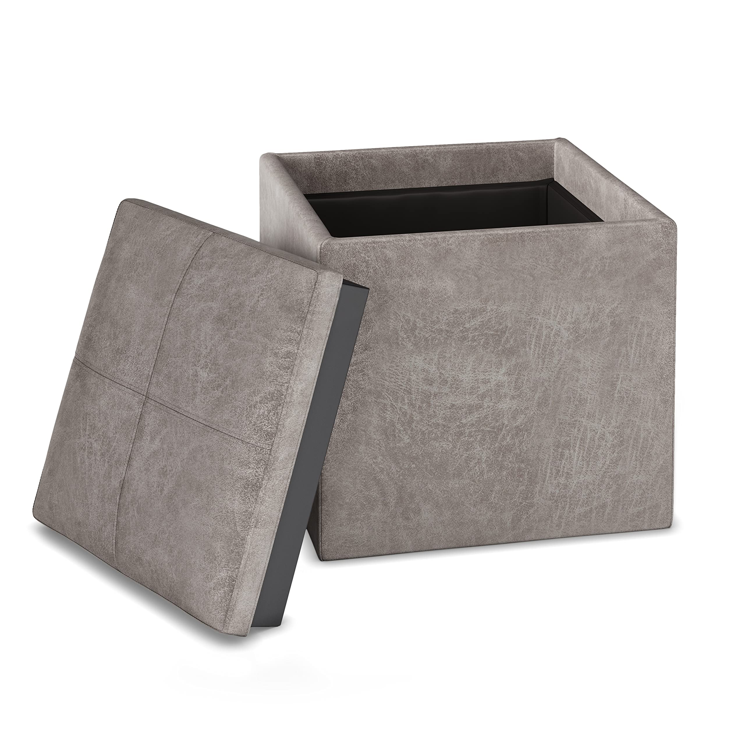 SIMPLIHOME Rockwood Wide Square Cube Storage Ottoman with Tray - 18 Inch, Taupe Vegan Faux Leather, Distressed Grey - Modern Living Room, Entryway & Family Room Furniture for Home Organization & Extra Seating