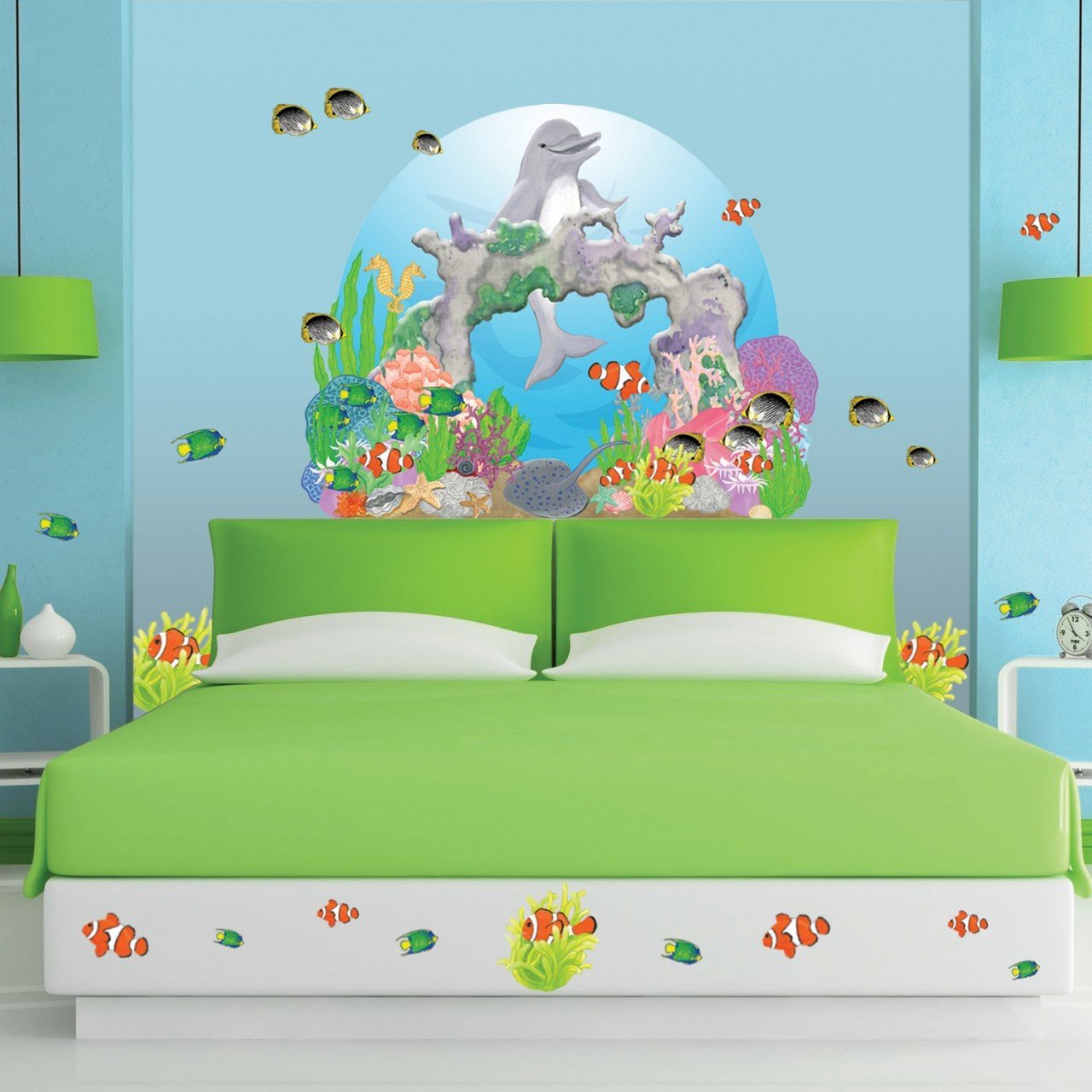Happy Dolphin Mural Wall Sticker - Removable Waterproof Vinyl Decal for Kids Room, Nursery, Classroom & Bathroom Decor