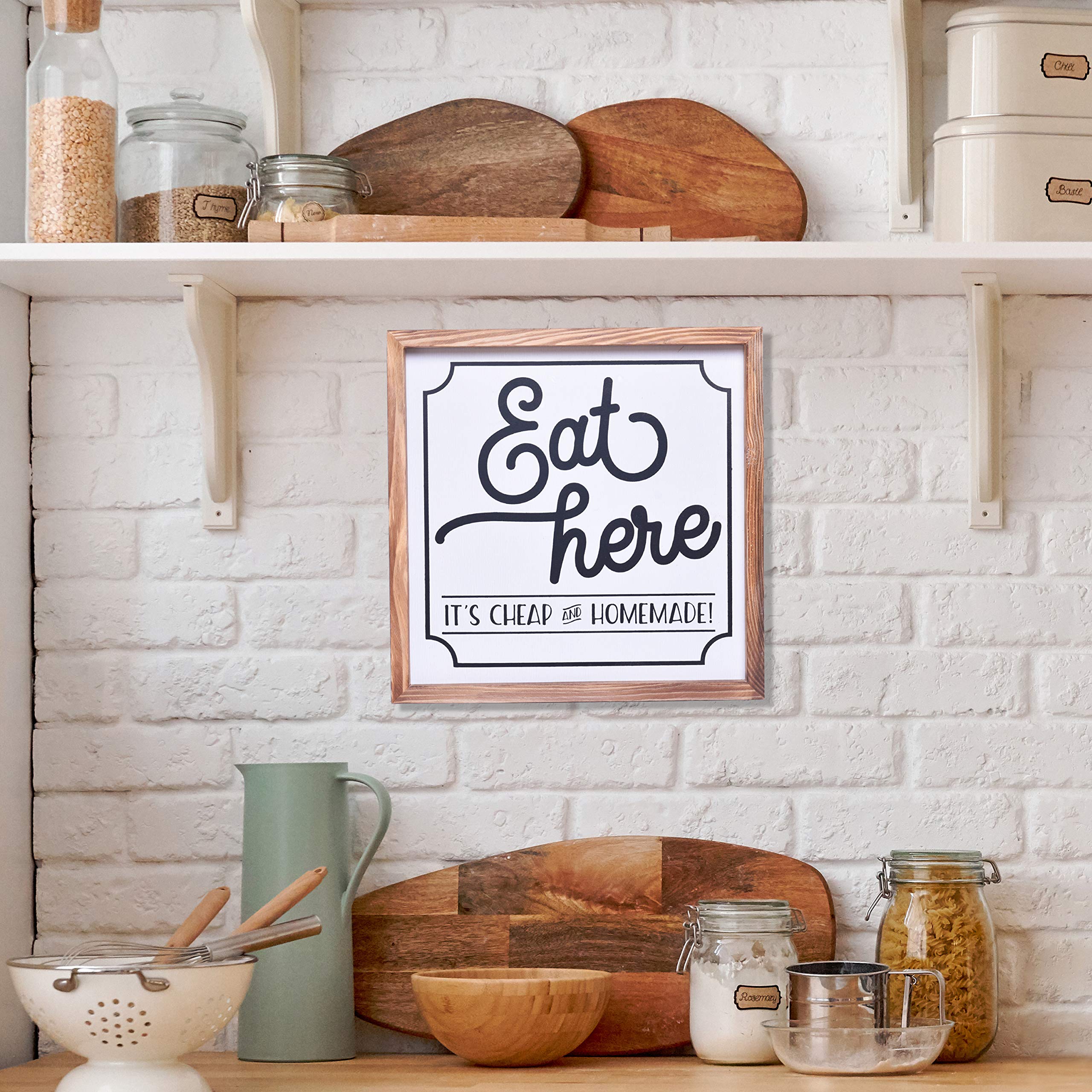 Farmhouse Kitchen Decor - Rustic 'Eat Here' Wooden Sign 12x12 Inches with Wood Frame - Country Style Kitchen Wall Art & Accessories - Perfect for Dining Room, Kitchen Decor, and Farmhouse Style Homes
