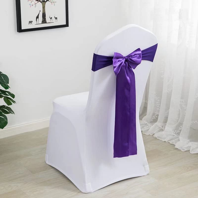 100 Pack Satin Stretch Chair Sash Bows - No Tie Spandex Chair Bands & Ribbons for Wedding, Banquet, Party Decor (Dark Purple) | Perfect for Hotel Events, Birthday Receptions & Table Decoration