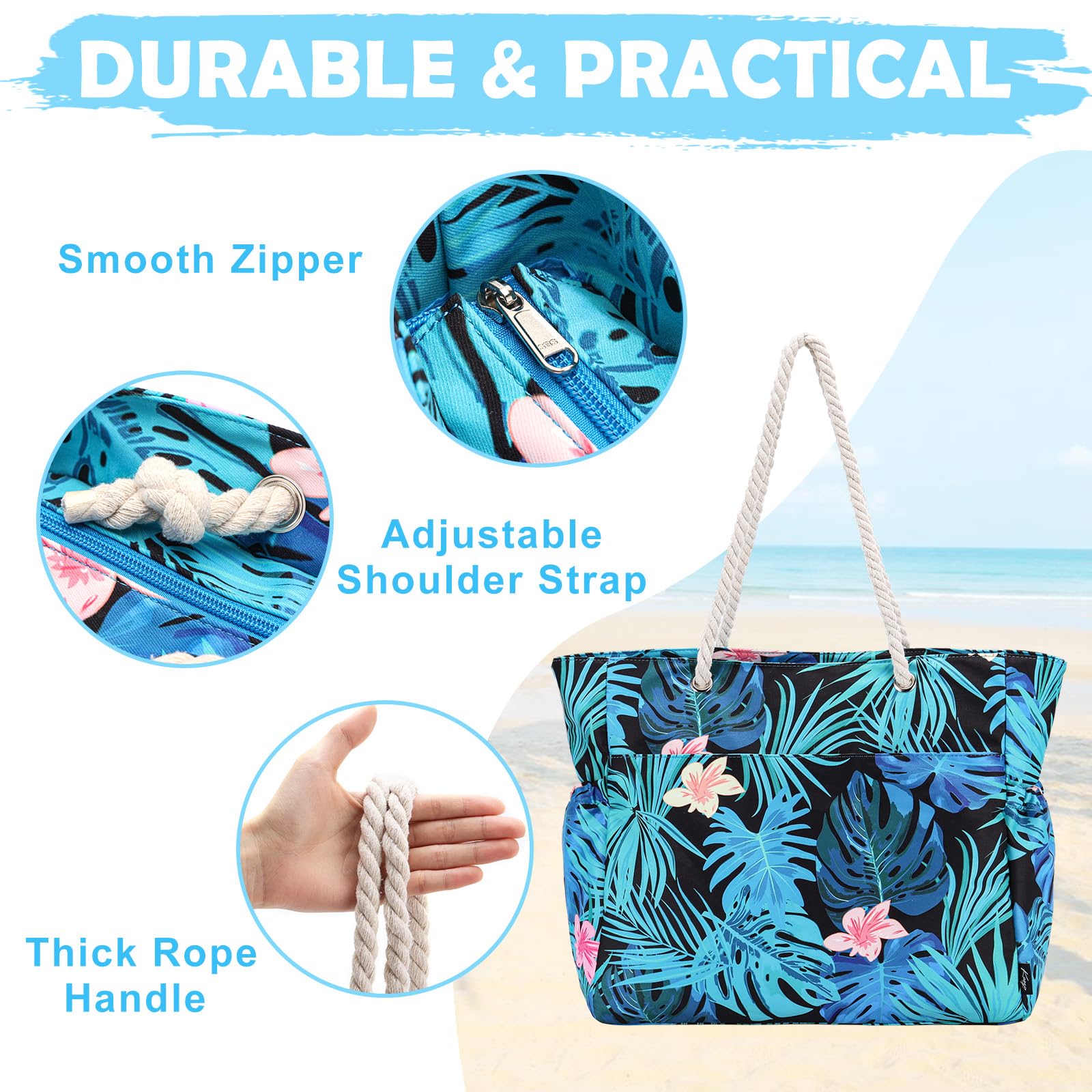 Kasqo Large Waterproof Beach Tote Bag for Women with Zipper & Small Pouch - Perfect for Swimming, Pool, Grocery Shopping, Travel & Vacation Essentials