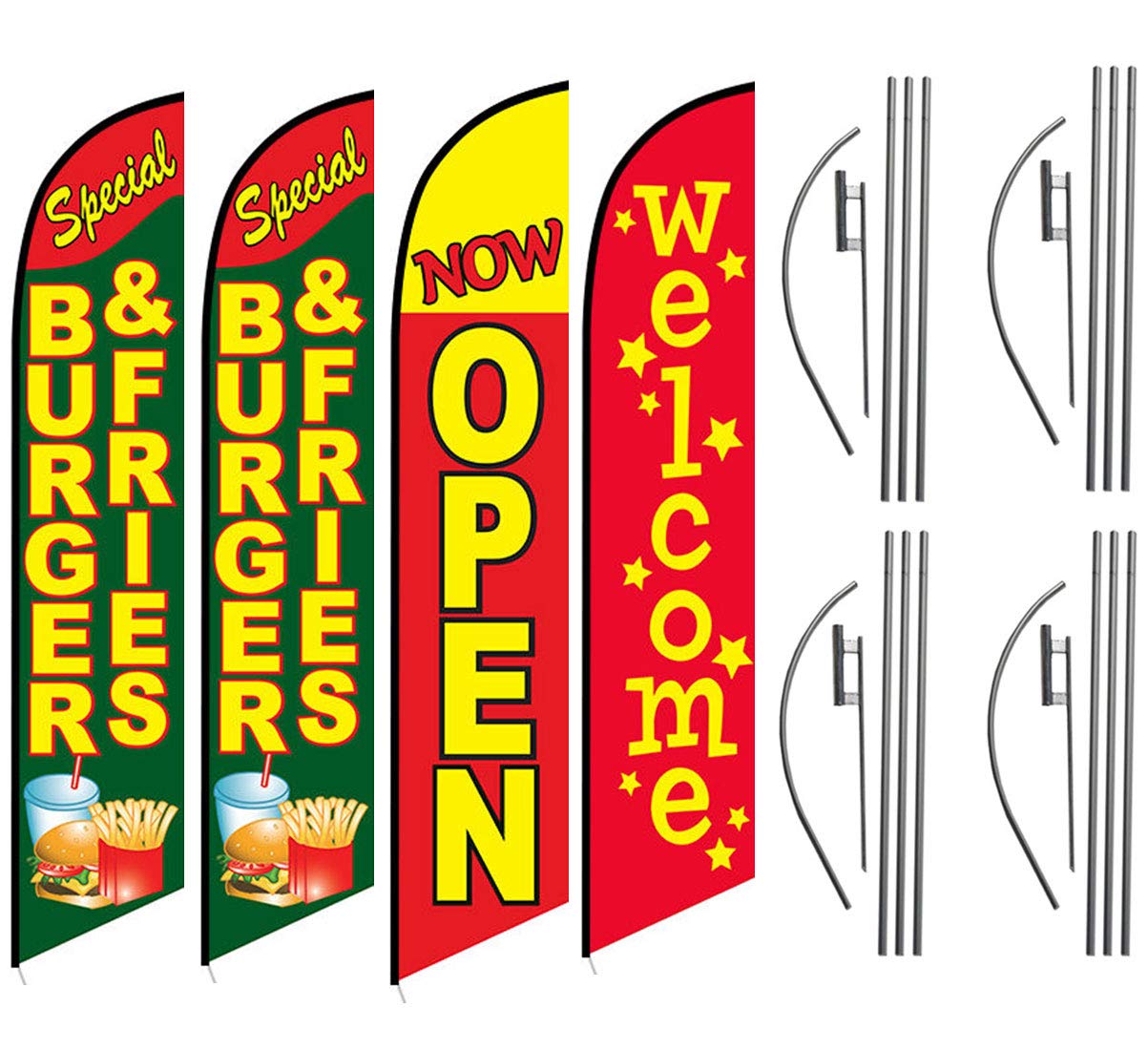 Burgers & Fries Now Open Feather Flag Kit - 4 Swooper Banner Flags with Poles & Ground Stakes | Perfect for Restaurants, Food Trucks & Carnival Hamburger Stands | Outdoor Advertising & Grand Opening Decor