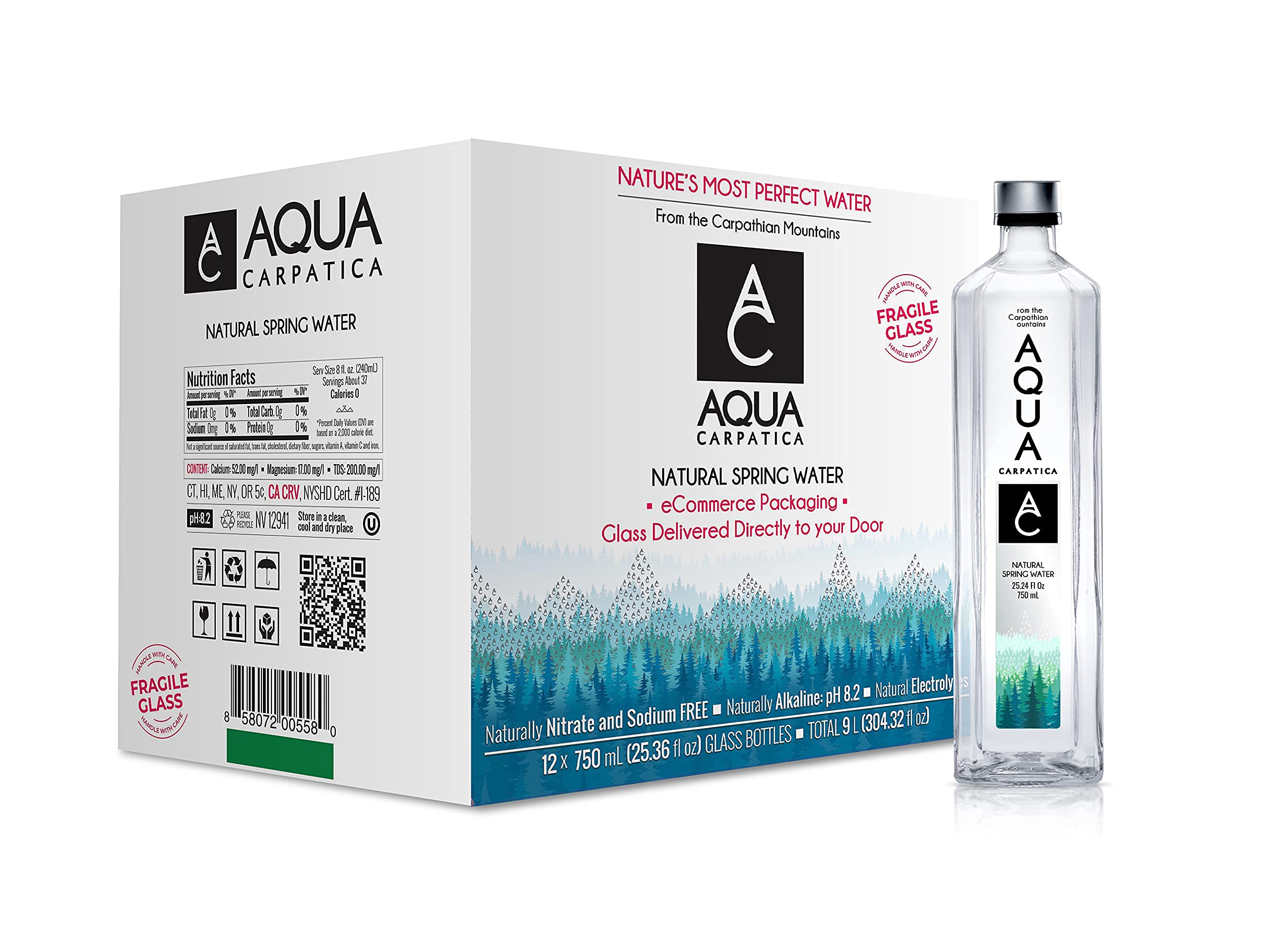 AQUA Carpatica Natural Spring Water with Electrolytes - Premium Artesian Glass Bottled Water, 750ml (25.36oz) - 12 Pack | Hydration for Home, Office & Outdoor Activities