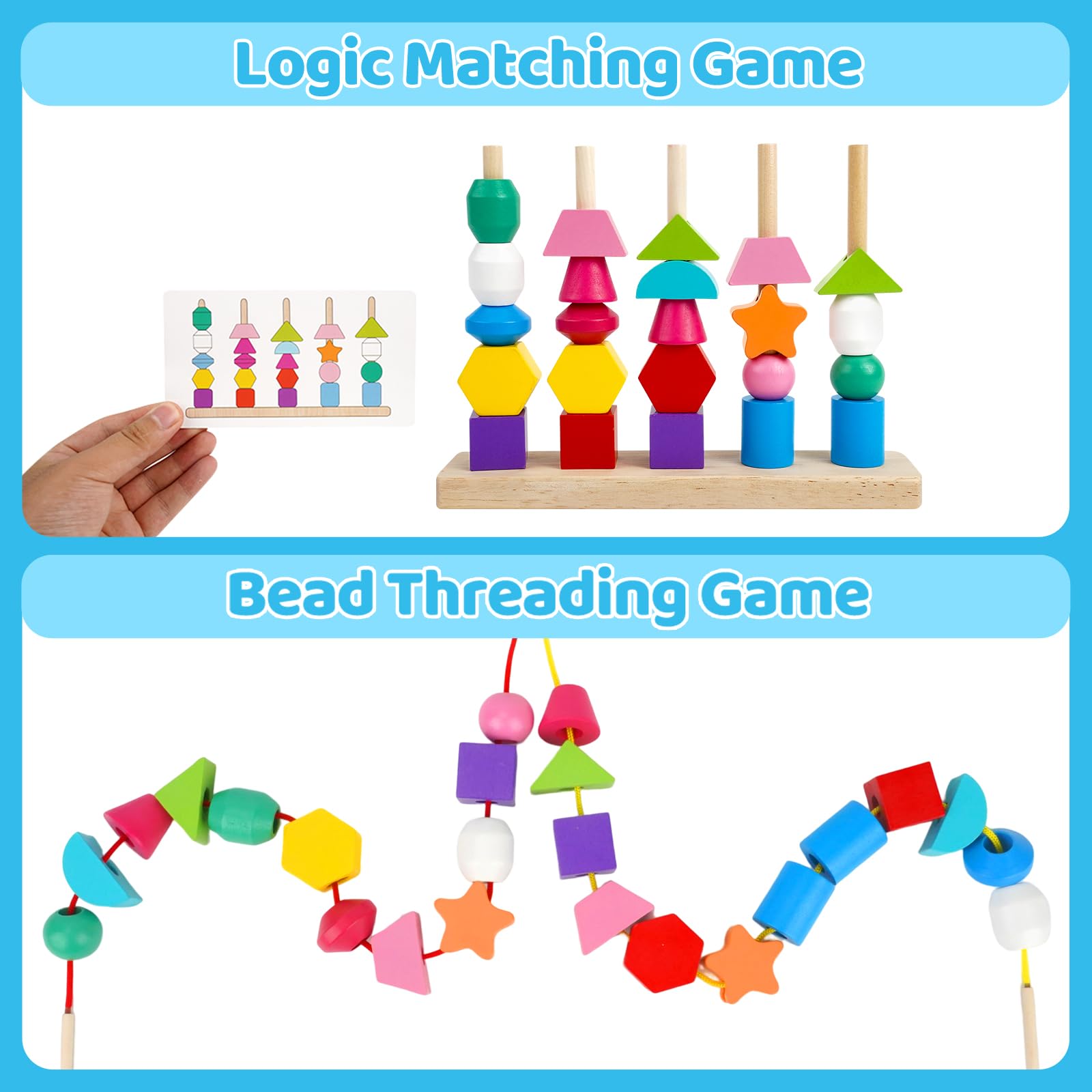 Montessori Wooden Beads Sequencing Toy Set for Toddlers Ages 2-4 - STEM Preschool Learning Toy with Lacing Beads, Stacking Blocks & Shape Matching - Perfect Birthday Gift for Boys & Girls | Classroom & Homeschool Educational Activities