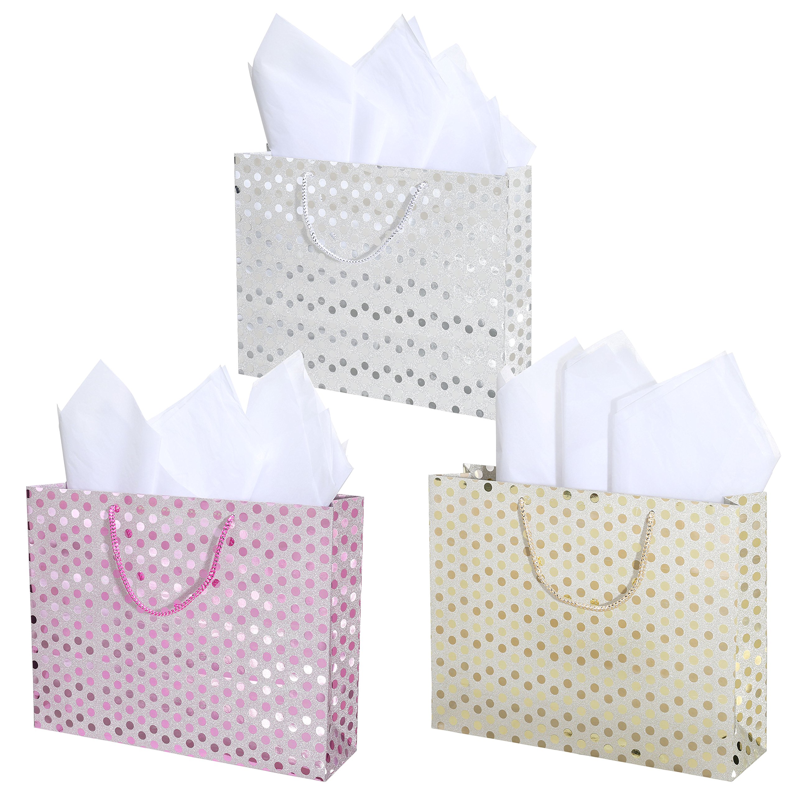 15 X 12 Inch Glitter Polka Dot Gift Bags - Set of 3 Decorative Party Favor Bags for Birthdays, Weddings & Holidays | Perfect for Gift Wrapping, Party Decorations & Special Occasions
