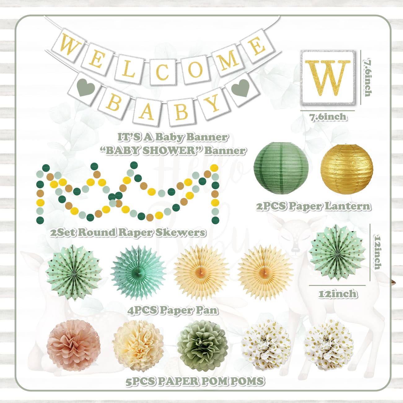 Sage Green & Gold Baby Shower Decorations Set - Welcome Baby Banner, Olive Green Tissue Pom Poms, Paper Flowers & Lanterns - Gender Neutral Nursery Decor for Boys & Girls - Perfect for Baby Reveal Parties & Newborn Celebrations