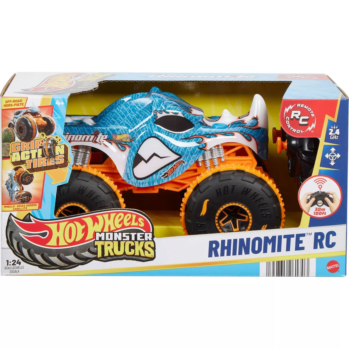 Hot Wheels RC Monster Truck 1:24 Scale Remote Control Rhinomite - Off-Road Stunt Vehicle for Kids & Adults - Perfect for Indoor & Outdoor Play, Backyard Racing, and Toy Car Collections